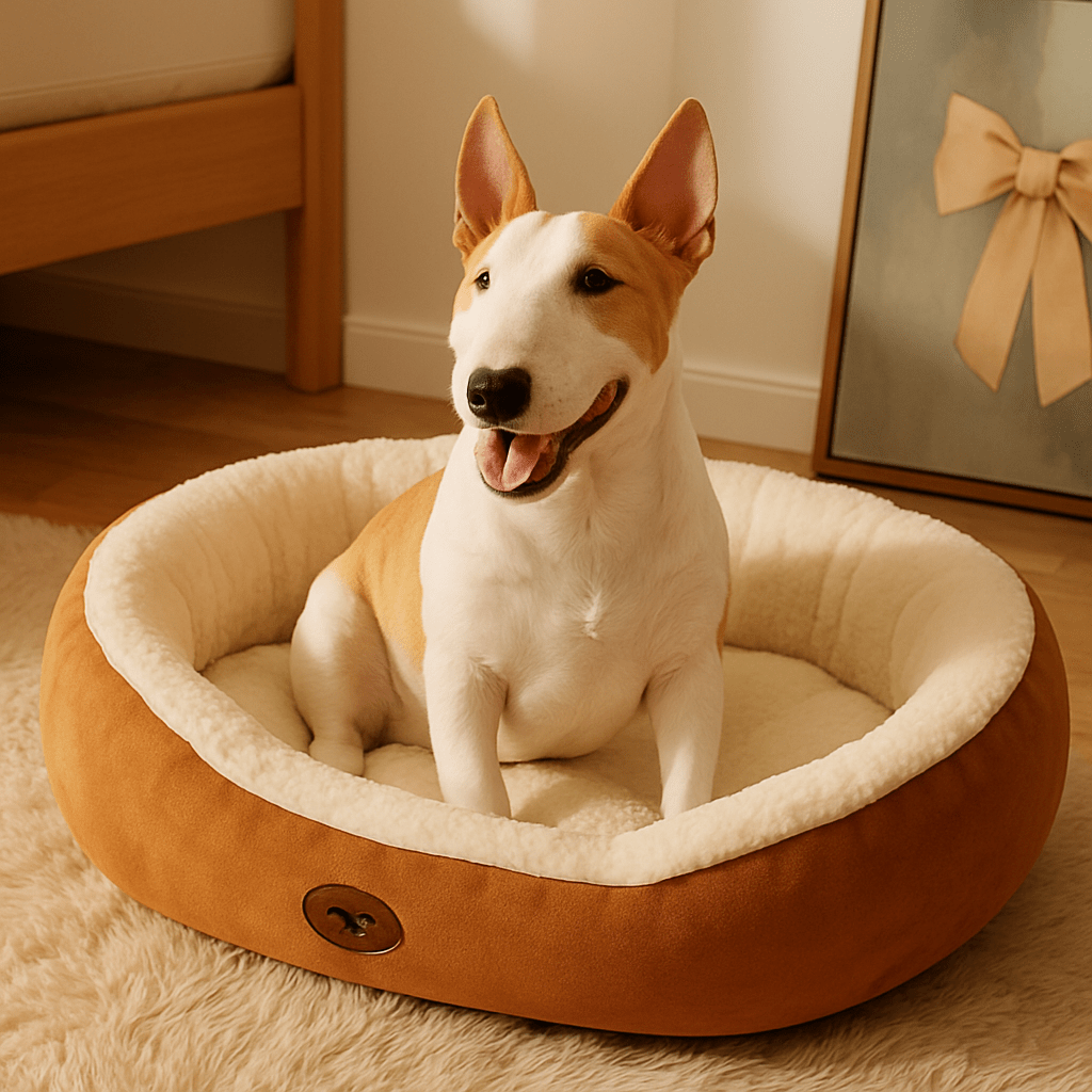 Panier-pour-chien-lavable en machine-anti-stress-rembourrage 100% coton haute densité-avec rebord entourant-antidérapant-douillet chaud et sécurisant pour petit à chien de moyenne taille-moelleux-chaud-en-peluche-résistant aux griffes-un chien assis et tout heureux dans son lit ovale de couleur rose dans le salon de la maison