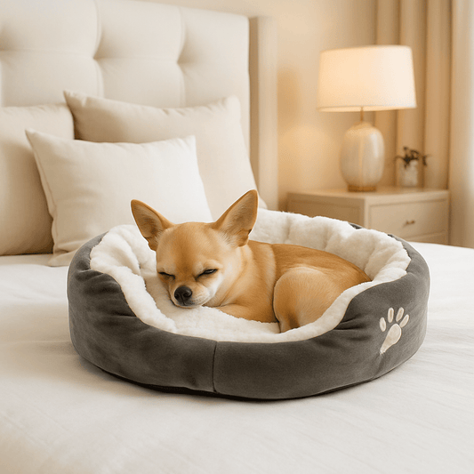 Panier-pour-chihuahua-coussin-intérieur amovible-lavable en machine-antidérapant avec rebords surélevés-lit rond chaud doux et épais ergonomique-rembourrage 100% coton haute densité et velours-un chihuahua qui dort paisiblement en boule dans son petit panier gris et blanc rond sur le lit de son maitre