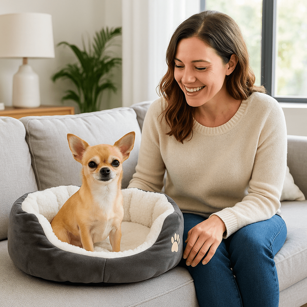 Panier-pour-chihuahua-coussin-intérieur amovible-lavable en machine-antidérapant avec rebords surélevés-lit rond chaud doux et épais ergonomique-rembourrage 100% coton haute densité et velours-un chihuahua heureux dans son petit panier gris et blanc rond sur canapé du salon avec sa maitresse assise à cÎté de lui, toute souriante