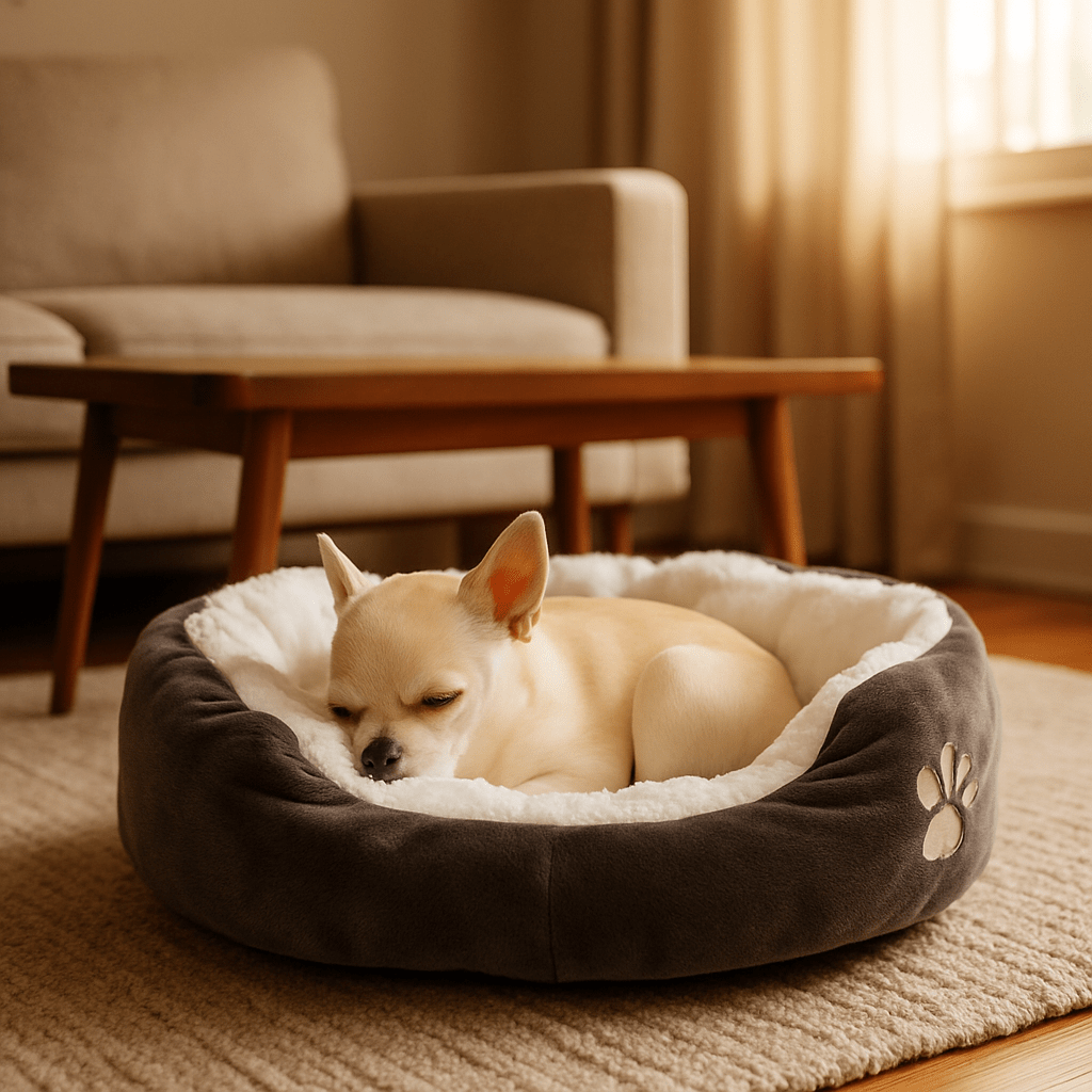 Panier-pour-chihuahua-coussin-intérieur amovible-lavable en machine-antidérapant avec rebords surélevés-lit rond chaud doux et épais ergonomique-rembourrage 100% coton haute densité et velours-un chihuahua qui dort paisiblement en boule dans son petit panier gris et blanc rond dans le salon cosy de l'appartement