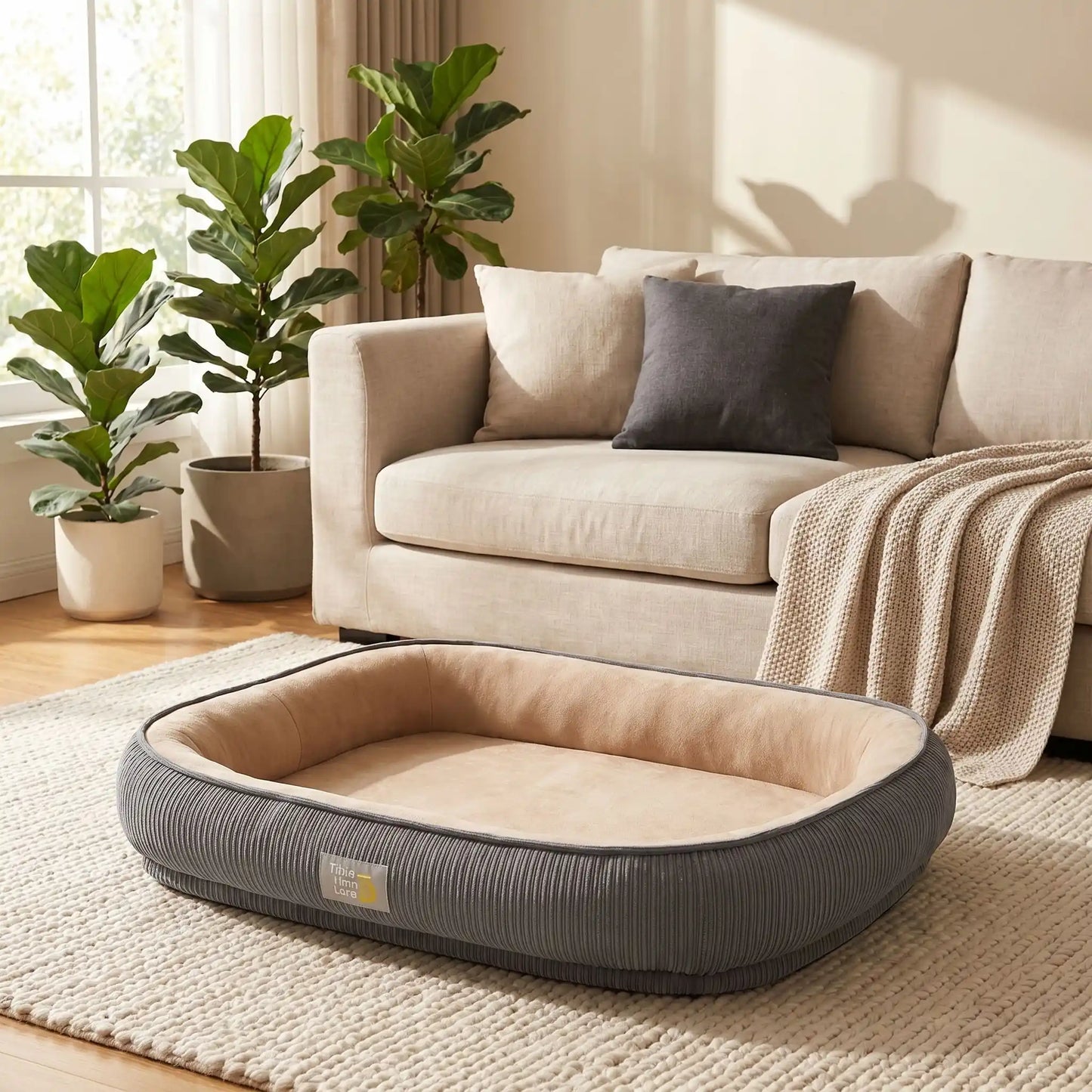 Panier-solide-pour-chien et chiot, 100% imperméable avec matelas à mémoire de forme, rembourrage 100% coton PP, coussin avec rebord cylindrique épais et entourant, housse intérieure en velours résistant aux griffes, fond antidérapant, déhoussable et lavable en machine pour chien de petite à moyenne taille de 0 à 25 kilos-gros plan sur le panier pour chien ovale, anti-stress, de couleur gris et marron clair en taille XL sur le sol du salon moderne de la maison