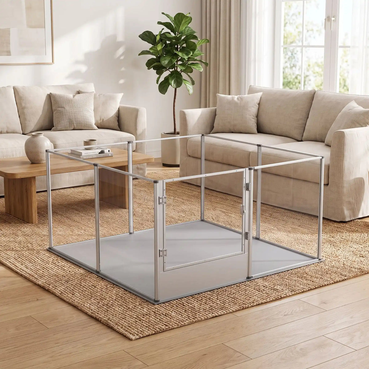 Parc-pour-chien et chiot intérieur avec cloisons-transparentes et sa structure aluminium aéronautique , modulable en forme carré ou rectangulaire, porte double verrou, vision 360° anti stress et anti anxiété pour les mises à bas, chiot, chien de petite, moyenne et grande taille, modèle xxl de 122x122x61 cm-un chien de race moyenne assis dans son parc xl avec cloisons transparentes pour une vision 360° , anti morsure avec ses parois lisses et anti évasion et sa porte verouillée dans le salon de la maison