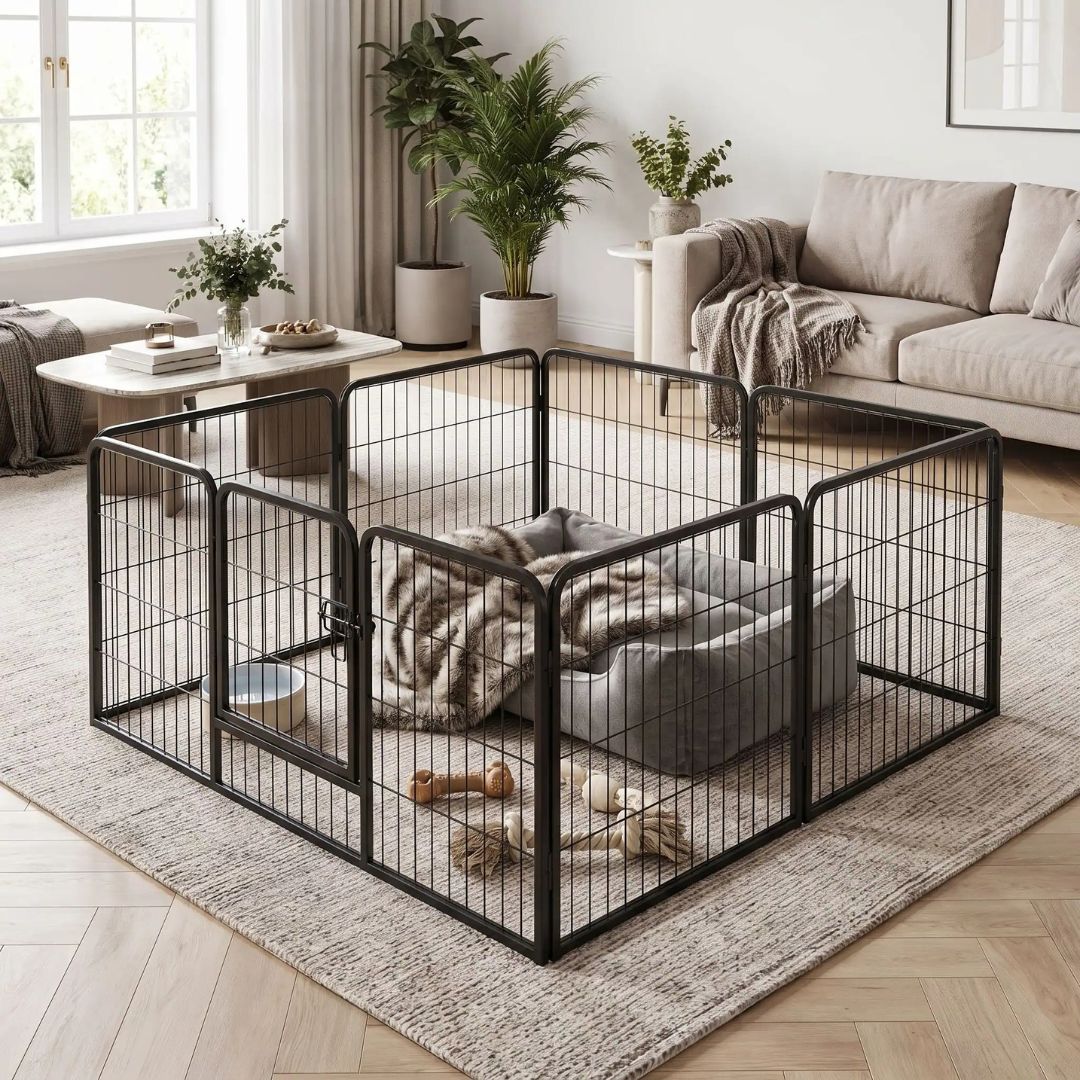 Parc-pour-petit-chien-chiot-modulable avec panneaux, 2 portes avec serrures sécurisés, adaptable en plusieur forme rectangulaire, hexagonal, carré ou en L pour les chiot et petit chien d'une hauteur maximum de 40 cm du sol au haut de l'épaule du chien, dimensions généreuses et robuste, pour une utilisation intérieur et extérieur avec ses piquet de fixation, pliable et transportable-gros plan sur le parc en acier inxoydable noir avec couchage et acessoire pour chien dans le salon de l'appartement