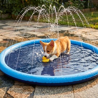 Pataugeoire-pour-chien-chiot-piscine, tapis d'eau rafraichissant avec jets d'eau de couleur bleue, PVC résistant antidérapant raccordable à un tuyau d'arrosage avec adaptateur universel, pas besoin d'outil ni de glonflage,n installation immédiate, en 3 tailles S, L et XL de diamÚtre de 100 /150 et 200 cm pour chien et chiot de petite à grande taille-un chiot de taille moyenne qui se rafraichit avec son jouet flottant au milieu de la pataugeoire bleu avec jet dans le jardin de la maison en été