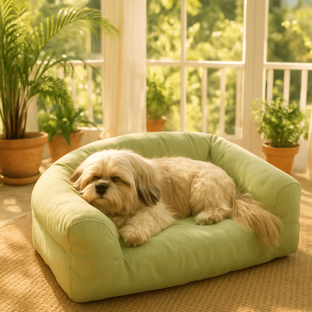Petit-canapé-pour-chien-déhoussable et lavable en machine-100% coton haute densité ergonomique-housse résistante aux griffes-antidérapant-avec dossier et 2 accoudoirs-écoresponsable-matériau 100% naturel, hypoallergénique et respirant-lit 4 saisons-pour petit chien et chiot jusqu'à 7 kg-un petit chien à poils épais qui dort paisiblement dans son canapé vert dans la véranda de la maison