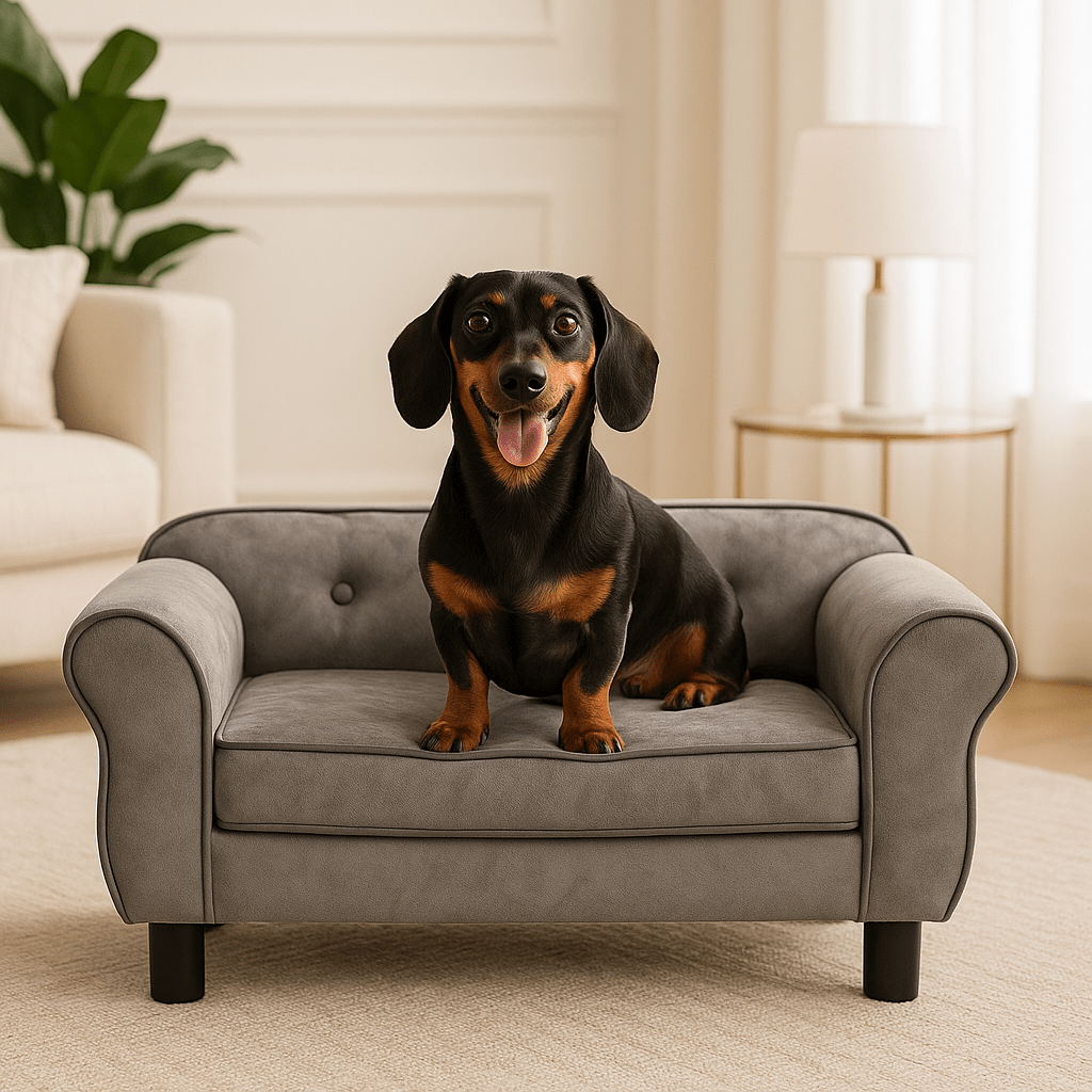 Petit-canapé-pour-chien-avec-coussin-surélevé-design-gris déhoussable lavable pour chien de race naine ou de petite taille, robuste et stable-un teckel miniature assis sur son canapé moelleux et doux avec son coussin amovible déhoussable et lavable en machine dans le salon moderne de l'appartement