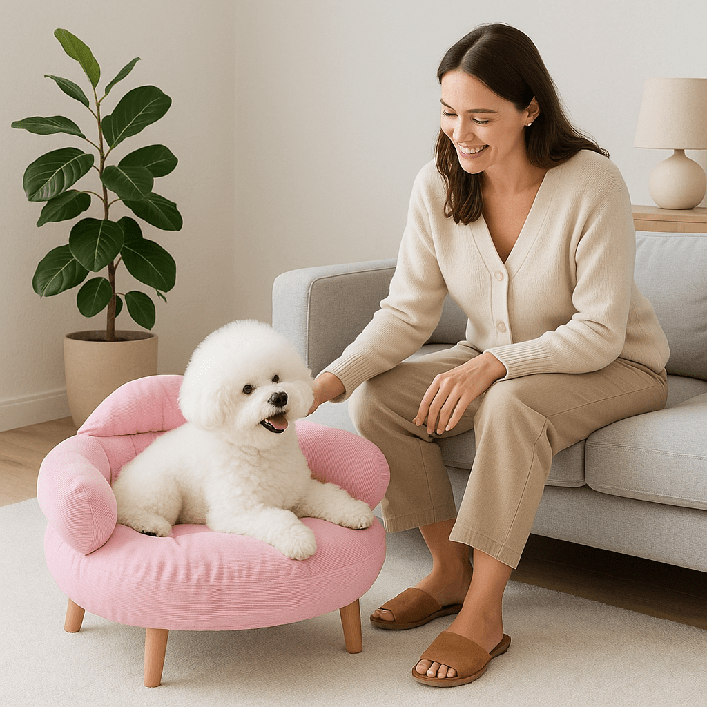 Petit-canapé-pour-chien-bois-un bichon frisé couché sur son canapé design rose qui se fait caresser par son maitre souriant dans le salon de la maison-housse lavable et matériau 100% naturel coton et bois