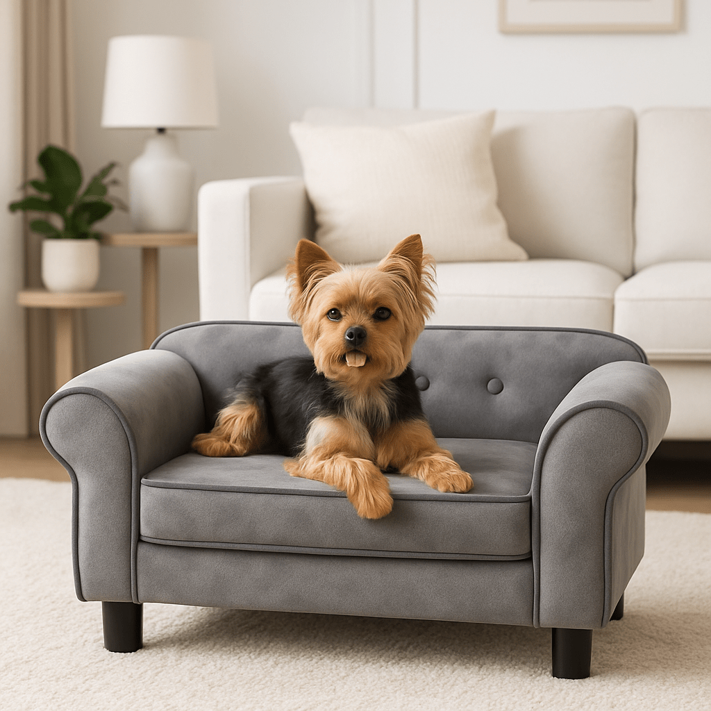 Petit-canape-pour-chien-capitonné-design moderne avec coussin amovible épais en mousse hypoallergénique déhoussable et lavable en machine avec pied et structure en bois de sapin massif-un petit chien couché confortablement sur le petit canapé dans le salon de l'appartement