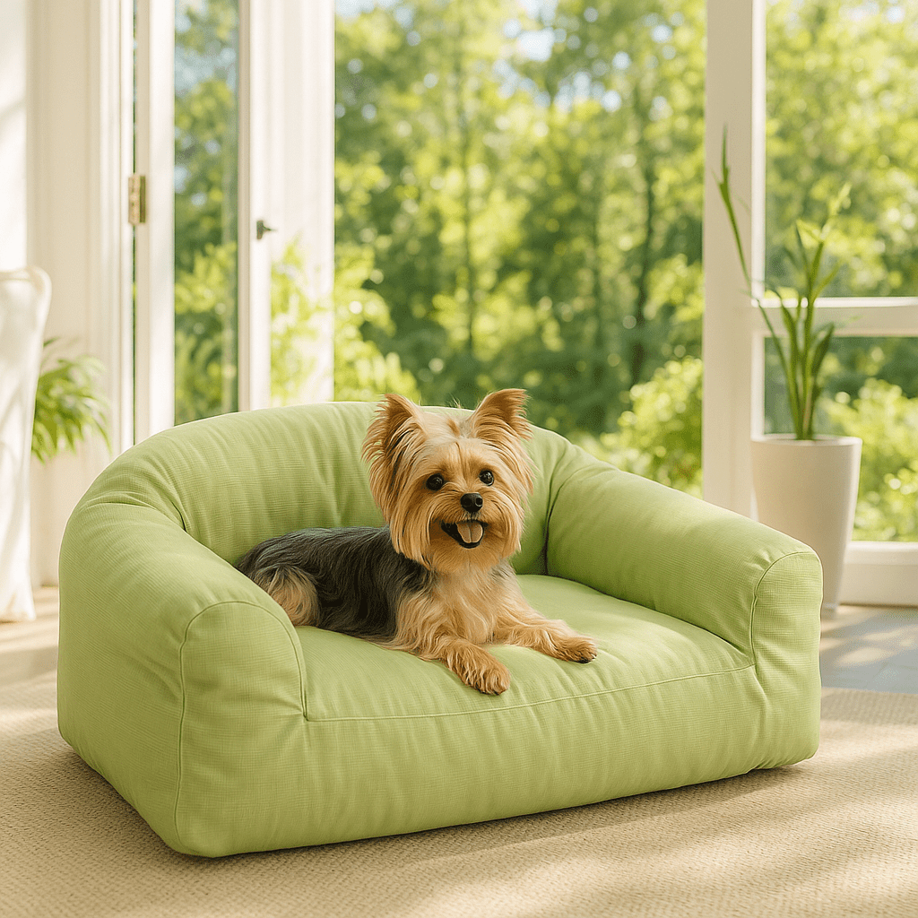 Petit-canapé-pour-chien-déhoussable et lavable en machine-100% coton haute densité ergonomique-housse résistante aux griffes-antidérapant-avec dossier et 2 accoudoirs-écoresponsable-matériau 100% naturel, hypoallergénique et respirant-pour petit chien et chiot jusqu'à 7 kg-un petit chien couché paisiblement dans son canapé dans la véranda de la maison