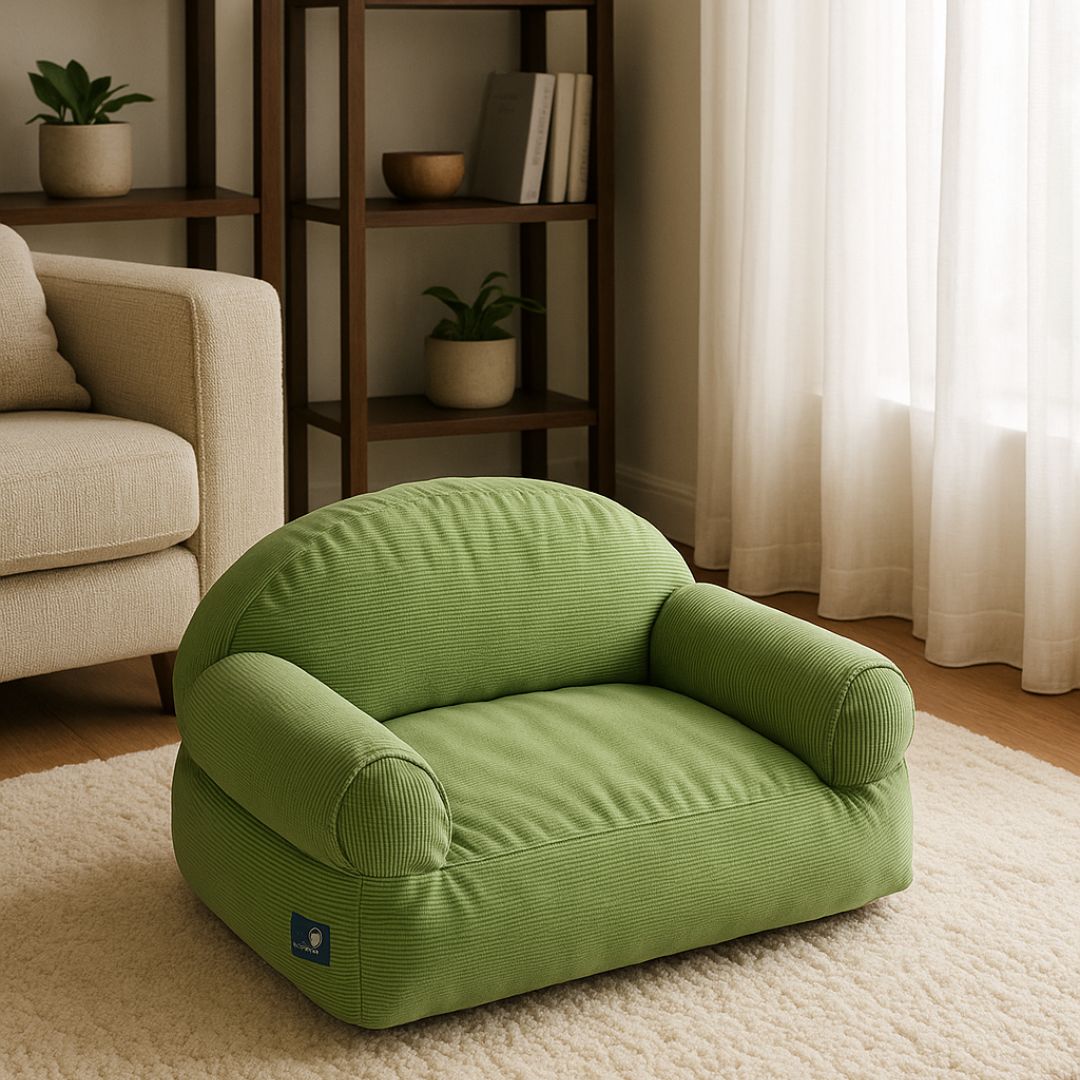 Petit-canapé-pour-chien-vert-déhoussable et lavable en machine-100% coton haute densité ergonomique-housse résistante aux griffes-antidérapant-avec dossier et 2 accoudoirs-écoresponsable-matériau 100% naturel, hypoallergénique et respirant-pour petit chien et chiot jusqu'à 7 kg-dimensions 60x45 cm