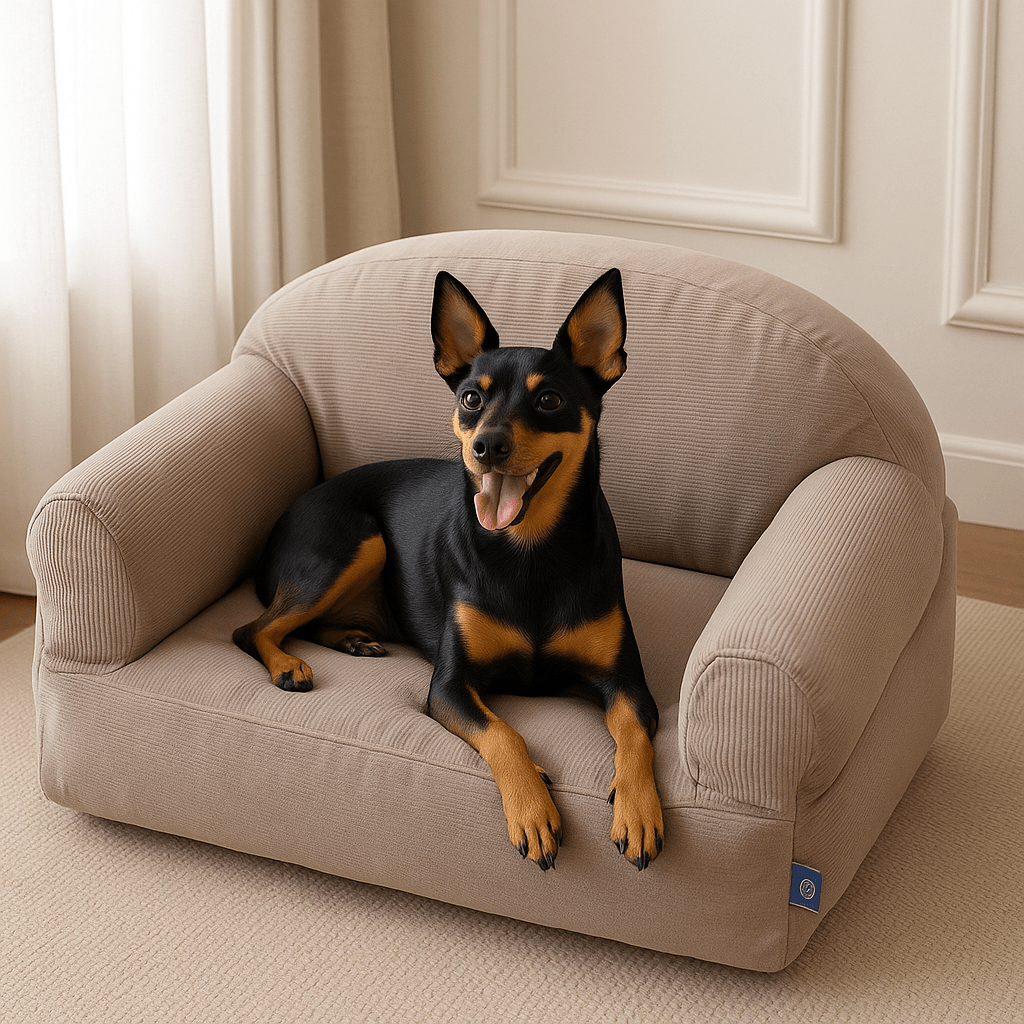 Petit-canapé-pour-chien-déhoussable et lavable en machine-100% coton haute densité ergonomique-housse résistante aux griffes-antidérapant-avec dossier et 2 accoudoirs-écoresponsable-matériau 100% naturel, hypoallergénique et respirant-pour petit chien et chiot jusqu'à 7 kg-un chien de race naine couché paisiblement dans son canapé gris dans la chambre de la maison
