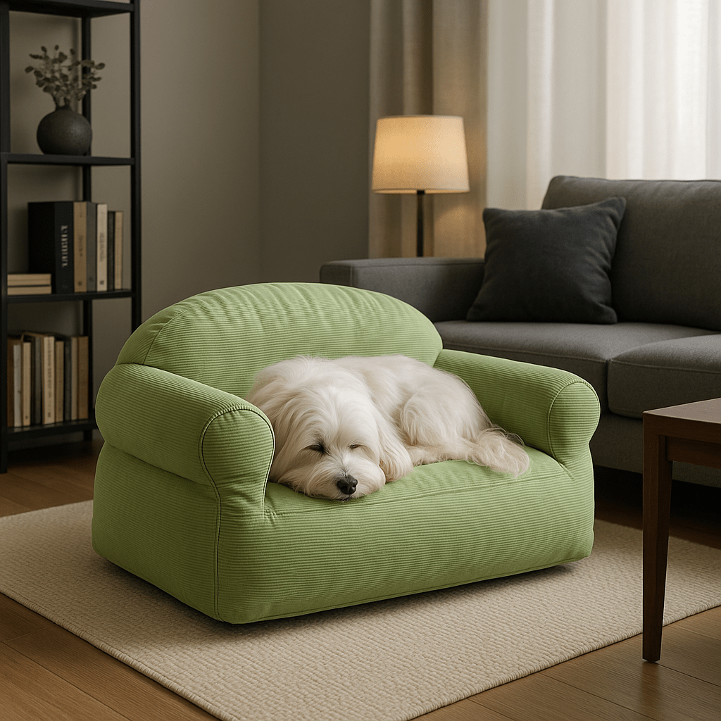 Petit-canapé-pour-chien-déhoussable et lavable en machine-100% coton haute densité ergonomique-housse résistante aux griffes-antidérapant-avec dossier et 2 accoudoirs-écoresponsable-matériau 100% naturel, hypoallergénique et respirant-pour petit chien et chiot jusqu'à 7 kg-un petit chien à poils longs qui dort en boule confortablement dans son canapé vert dans le salon design de l'appartement