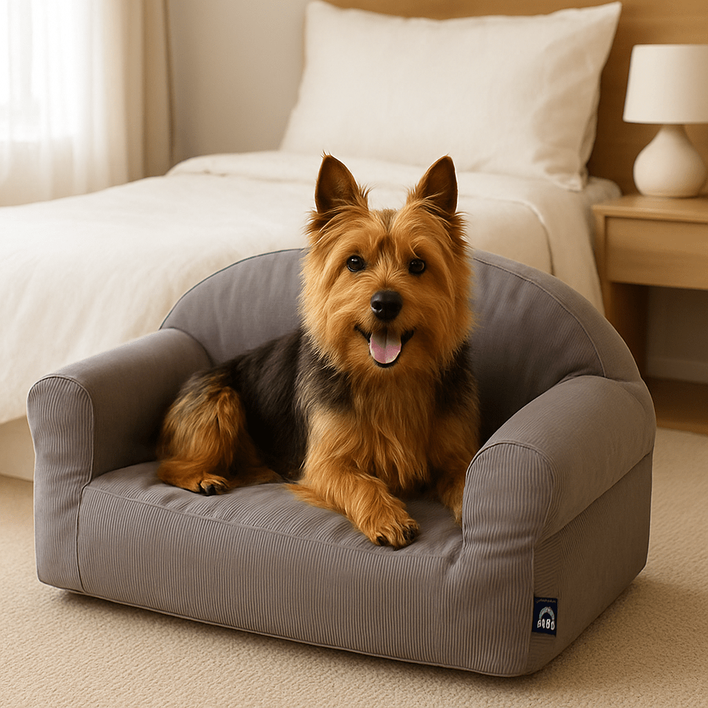 Petit-canapé-pour-chien-déhoussable et lavable en machine-100% coton haute densité ergonomique-housse résistante aux griffes-antidérapant-avec dossier et 2 accoudoirs-écoresponsable-matériau 100% naturel, hypoallergénique et respirant-pour petit chien et chiot jusqu'à 7 kg-un chien de petite taille heureux et couché paisiblement dans son canapé gris dans la chambre de l'appartement
