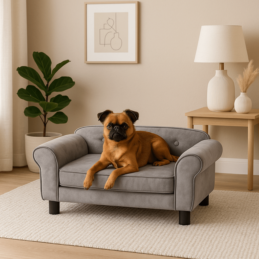Petit-canape-pour-chien-design-un Petit brabançon couché sur le ventre et détendu dans son petit canapé gris doux avec coussin en mousse épais déhoussable et lavable en machine avec pied, dossier, accoudoirs en bois de sapin massif robuste dans le salon de l'appartement
