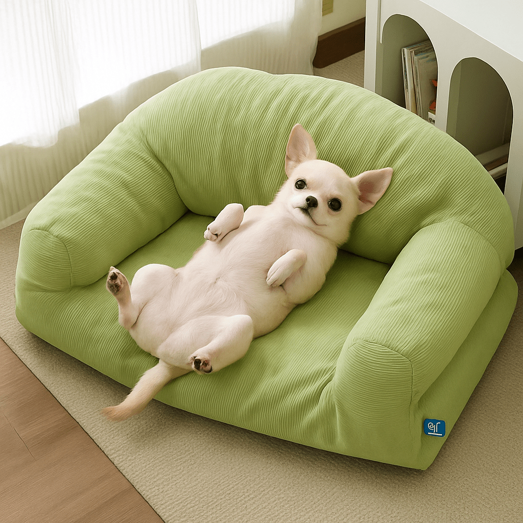 Petit-canapé-pour-chien-déhoussable et lavable en machine-100% coton haute densité ergonomique-housse résistante aux griffes-antidérapant-avec dossier et 2 accoudoirs-écoresponsable-matériau 100% naturel, hypoallergénique et respirant-pour petit chien et chiot jusqu'à 7 kg-un chien nain couché sur le dos confortablement dans son canapé dans la chambre de l'appartement