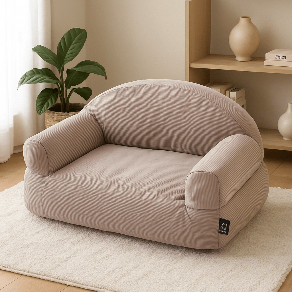Petit-canapé-pour-chien-déhoussable et lavable en machine-100% coton haute densité ergonomique-housse résistante aux griffes-antidérapant-avec dossier et 2 accoudoirs-écoresponsable-matériau 100% naturel, hypoallergénique et respirant-pour petit chien et chiot jusqu'à 7 kg-dimensions 60x45 cm