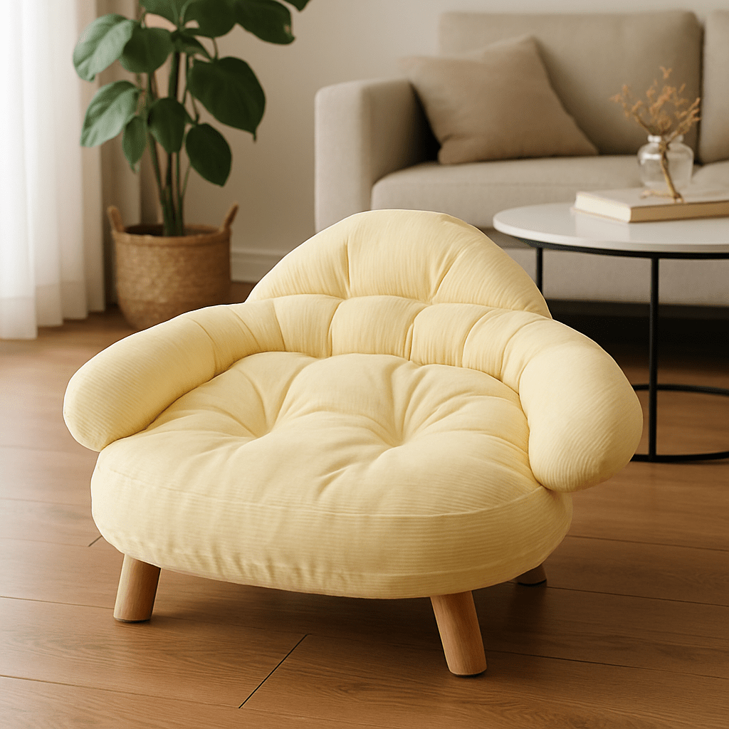 Petit-canapé-pour-chien-jaune-bois et coton haute densité confortable résistant lavable en machine antidérapant design arrondi-lit chiot et petit chien 4 saisons chaud et respirant