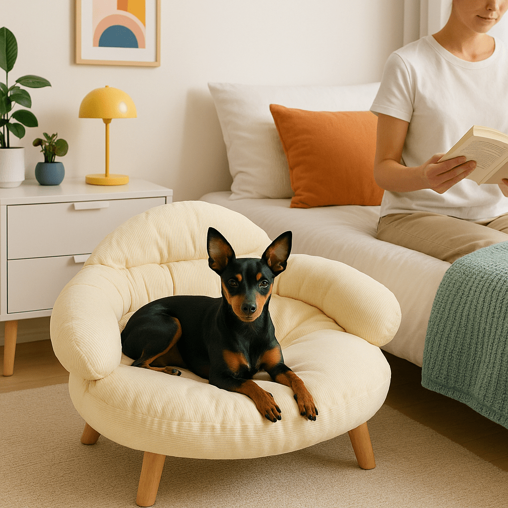 Petit-canapé-pour-chien-lavable-un pinscher nain couché et heureux sur son canapé jaune moelleux 100% coton et bois dans la chambre à coucher à côté du lit de son maitre-lit surélevé pour chiot chien de petite taille et race naine