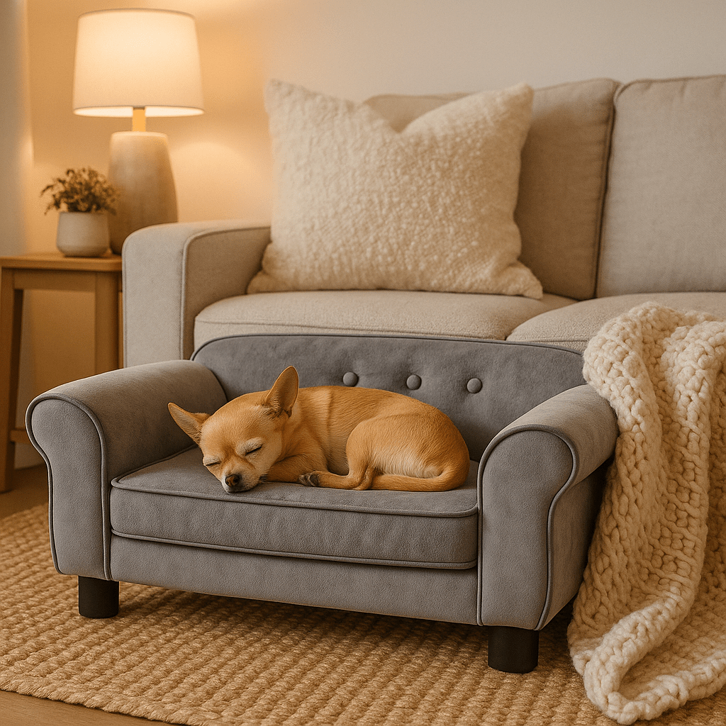 Petit-canape-pour-chien-petite-taille-un chihuahua couché confortablement sur son mini canapé déhoussable et lavable en bois de sapin massif et peluche rase sur pied surélevé dans le salon douillet de l'appartement