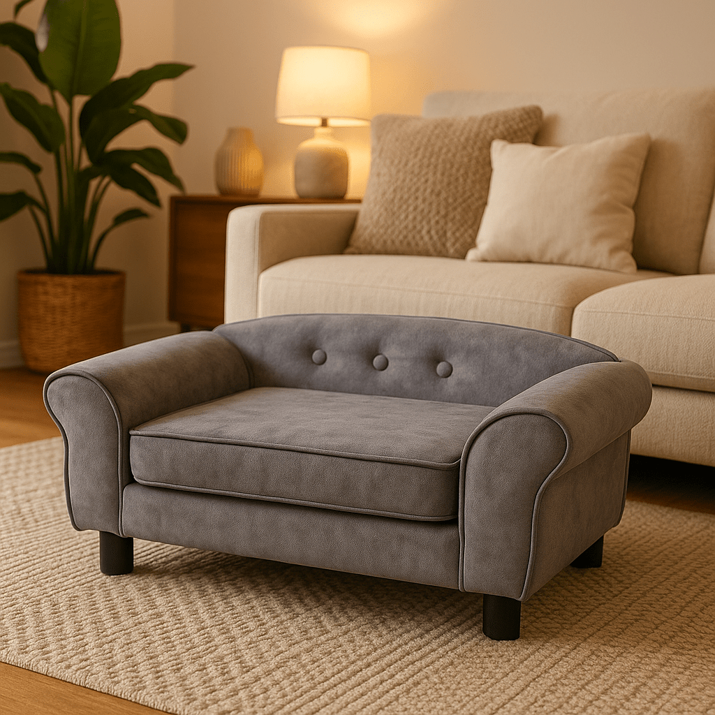 Petit-canape-pour-chien-race-naine-gris et design soignĂ© et moderne-dossier capitonnĂ©, coussin intĂ©rieur Ă©pais en mousse haute densitĂ© dĂ©houssable t lavable en machine et revĂȘtement en tissu en peluche douce et courte comme du velours-surĂ©levĂ© par 4 pieds noir
