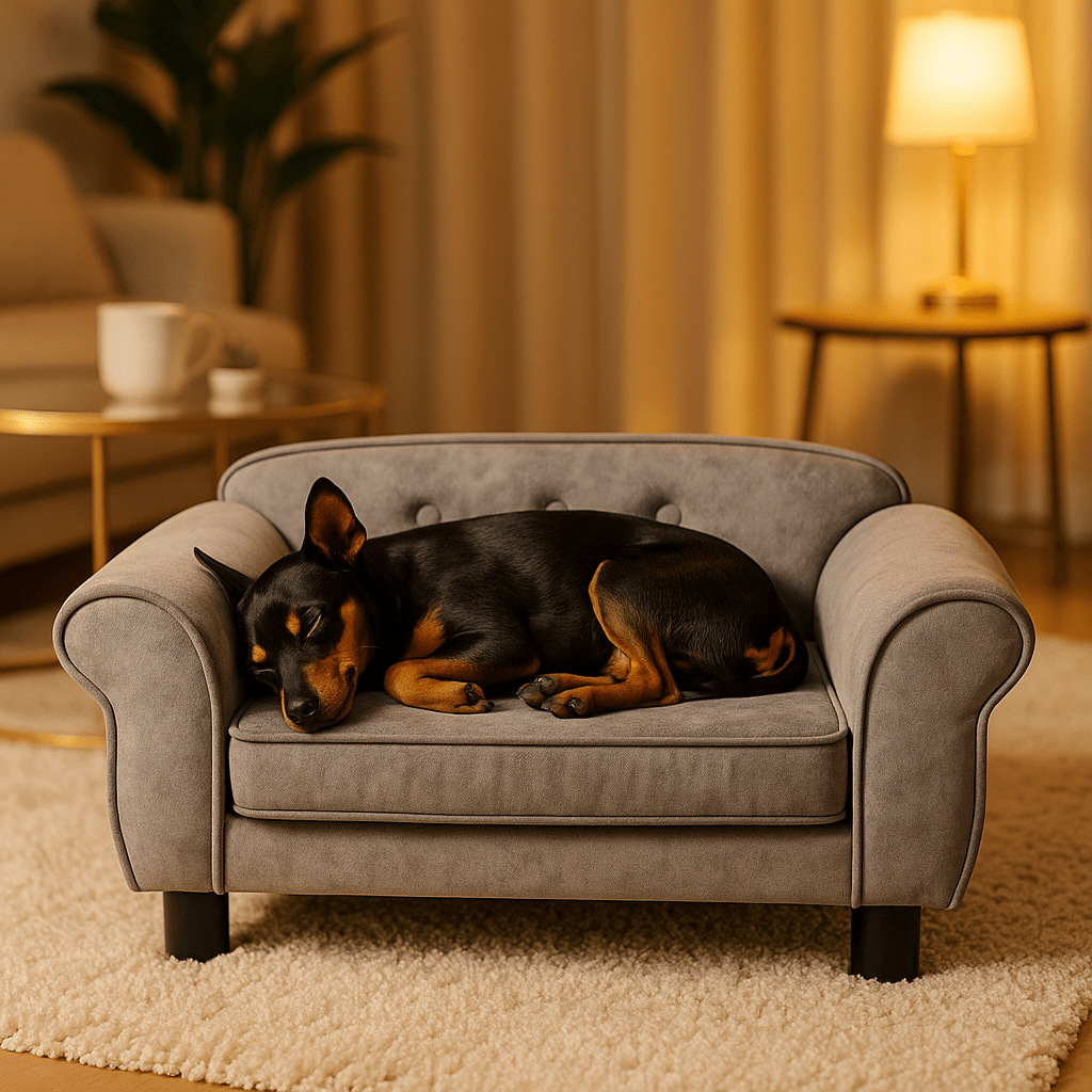 Petit-canape-pour-chien-race-toy-un chien nain qui dort paisiblement niché dans son canapé avec dossier et accoudoirs en bois de sapin massif rembourré en mousse avec pieds de couleur gris dans le salon cosy de la maison