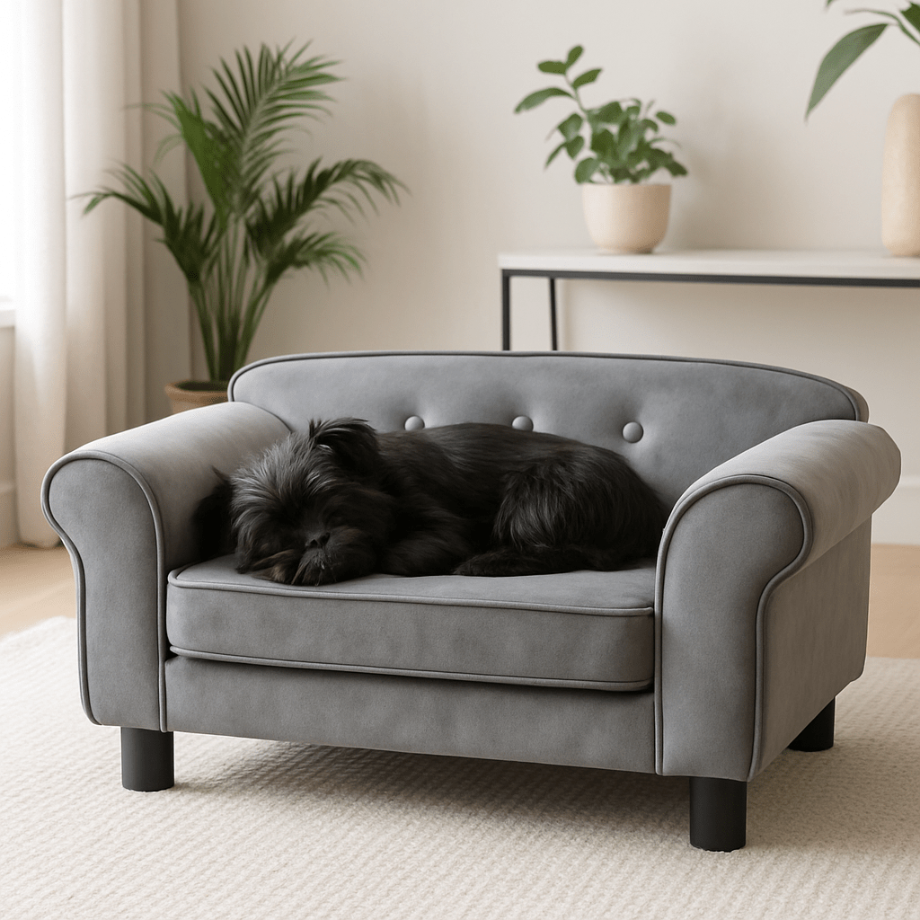 Petit-canape-pour-chien-robuste-un chien de taille naine qui dort paisiblement sur le canapĂ© entourant et anti-anxiĂ©tĂ© avec son coussin intĂ©rieur en mousse haute densitĂ© dĂ©houssable et lavable en machine avec 4 pieds-structure en bois de sapin massif et revĂȘtement en tissu respirant et solide