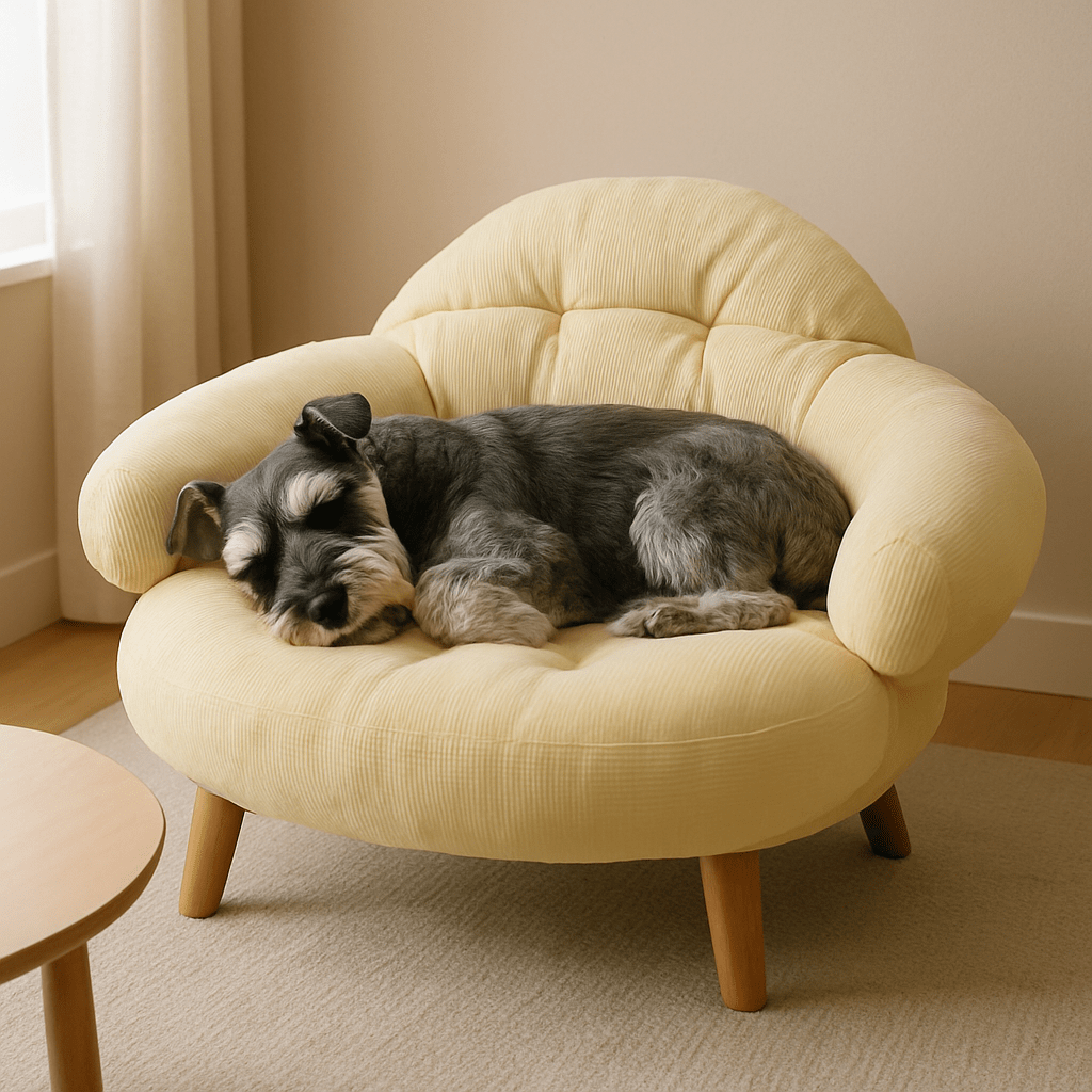 Petit-canapé-pour-chien-un Schnauzer qui dort paisiblement en boule sur son canapé moelleux avec dossier et accoudoirs entourant épais et mou 100% coton de couleur jaune dans le salon de l'appartement-lit surélevé compact et léger en bois naturel lavable pour chiot et chien de petite taille