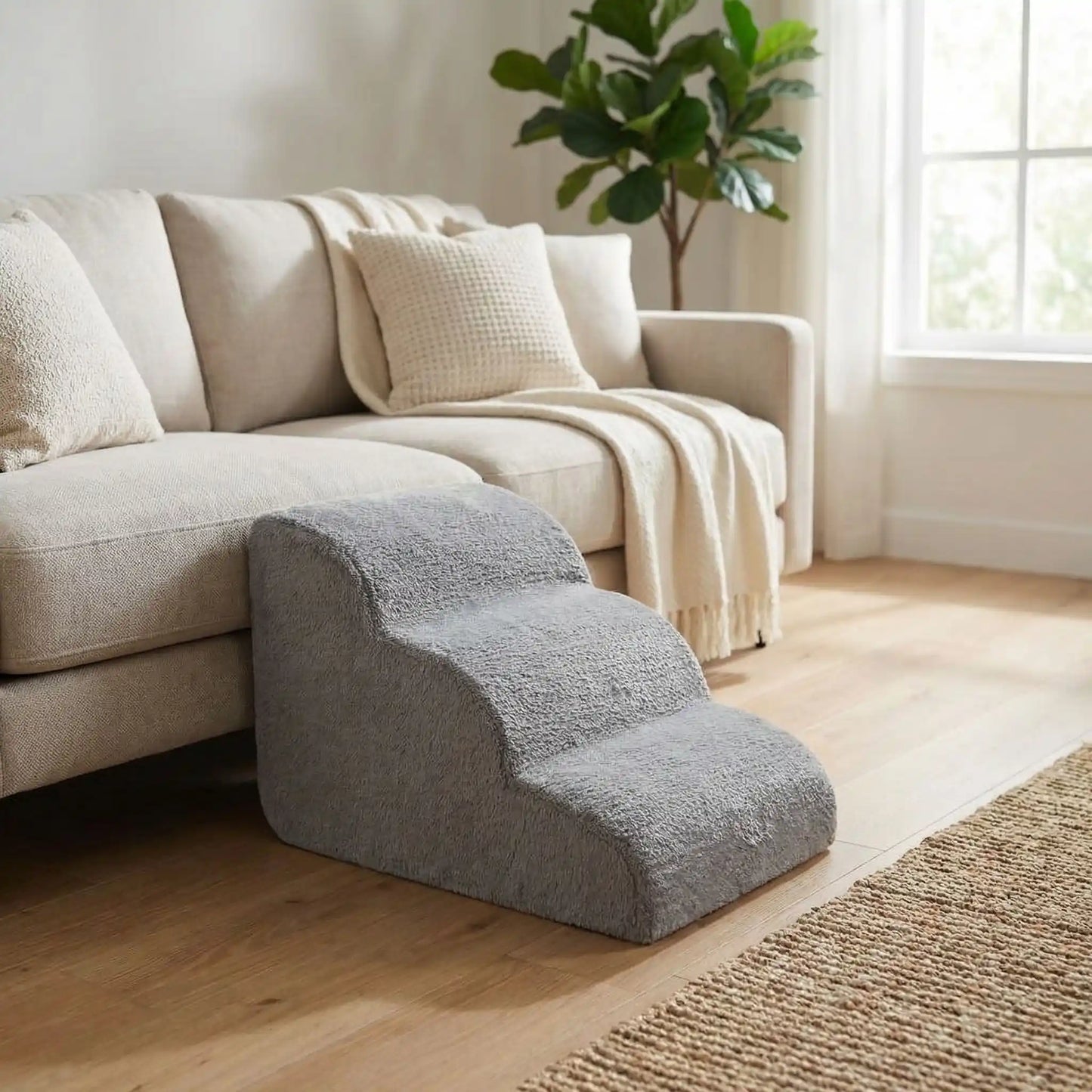 Petit-escalier-pour-chien-anti-deformationen mousse éponge haute résilience qui atténue la pressions sur ses articulations, résistant et doux pour ses coussinets, déhoussable et lavable en machine de couleur gris pour chien de petite taille, polyvalent compact et transportable-dimesniosn de 60x42x39 cm pour chien de petite tailles composé de 3 marches