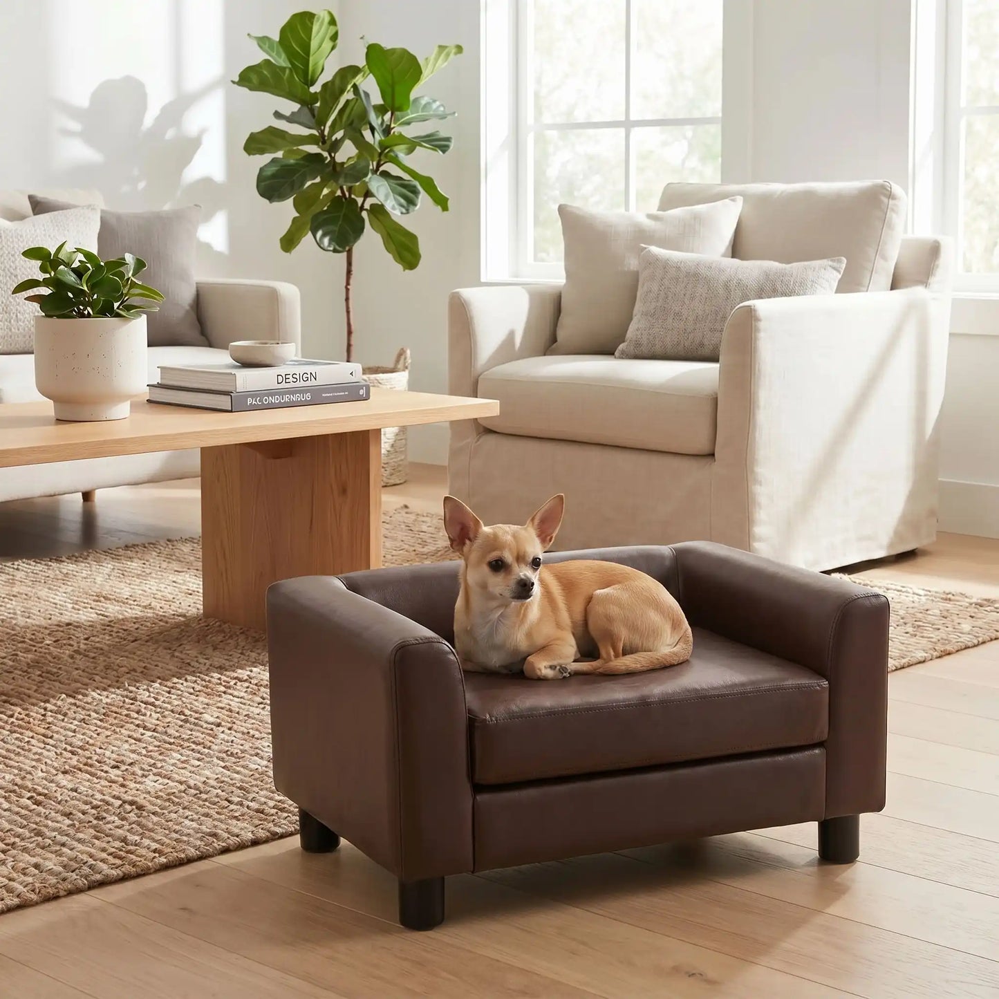 Petit-fauteuil-pour-chien-chiot-design en bois massif robuste et cuir vegan sur 4 pieds avec coussin interieur épais rembourré 100% coton haute densité et ergonomique amovible déhoussable et lavable en machine, pied antidérapant et anti rayure pour chiot et chien de petite taille de 0 à 5 kilos-un chien de race miniature couché confortablement sur le mini canapé design de couleur marron dans le salon lifestyle et moderne de l'appartement