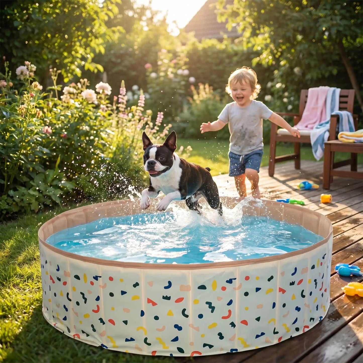 Piscine-pour-chien-rigide enpanneaux MDF robuste anti-affaissement, pliable et lavable de diamètre 120 cm et de 30 cm de hauteur étudié pour une entrée et sortie facile et sécurisé pour le chien avec bouchon de vidange pratique et rapide, polyvalente piscine à balle, bassin, baignoire pour toilettage-un chien de taille moyenne qui saute avec plaisir dans la piscine poursuivit par un petit garçon tout content de jouer avec lui au jeux d'eau dans le jardin de la maison en été