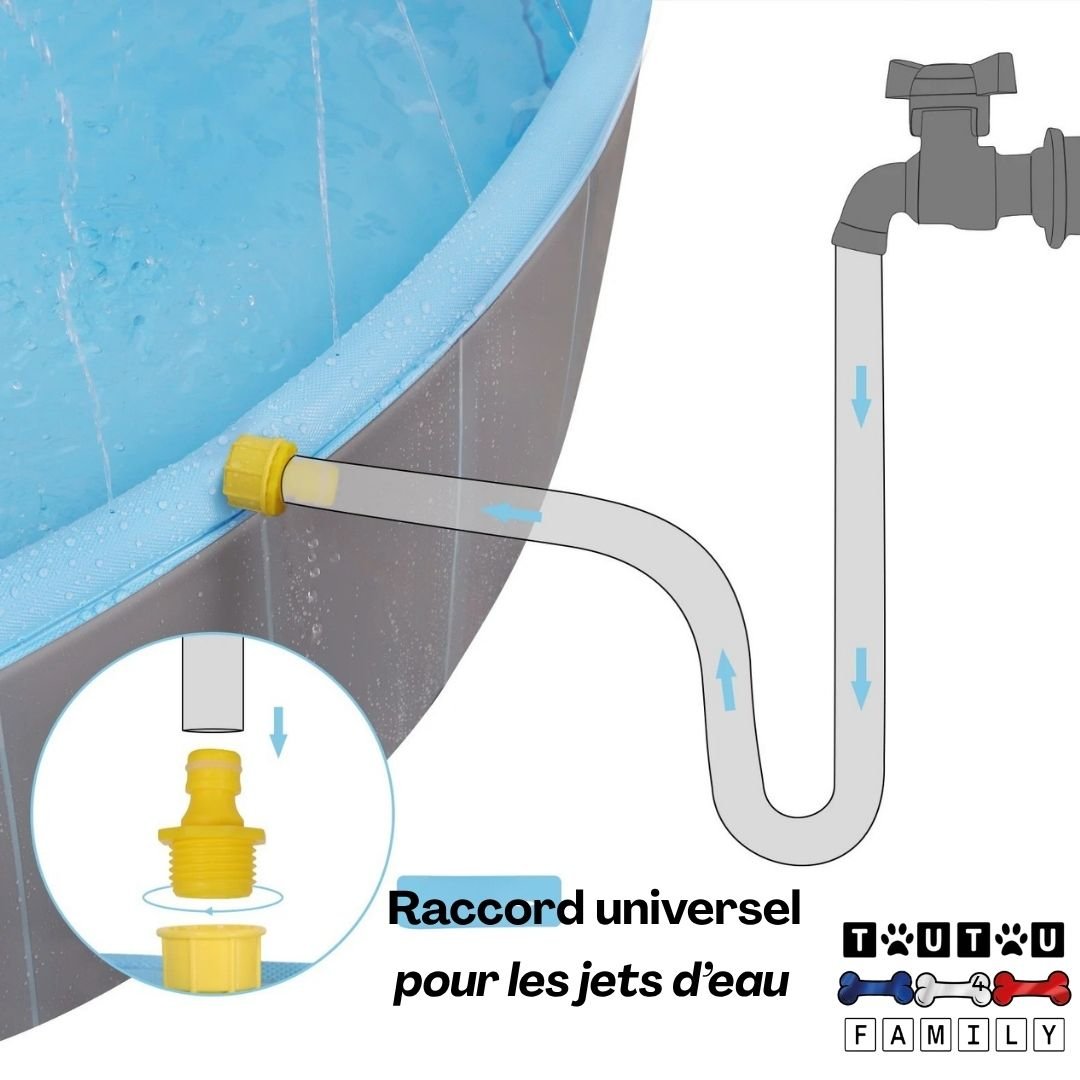 Piscine-pour-chien-xxl-160-cm avec raccord universelle pour le tuyau d'arrosage pour mettre en marche les jets d'eau
