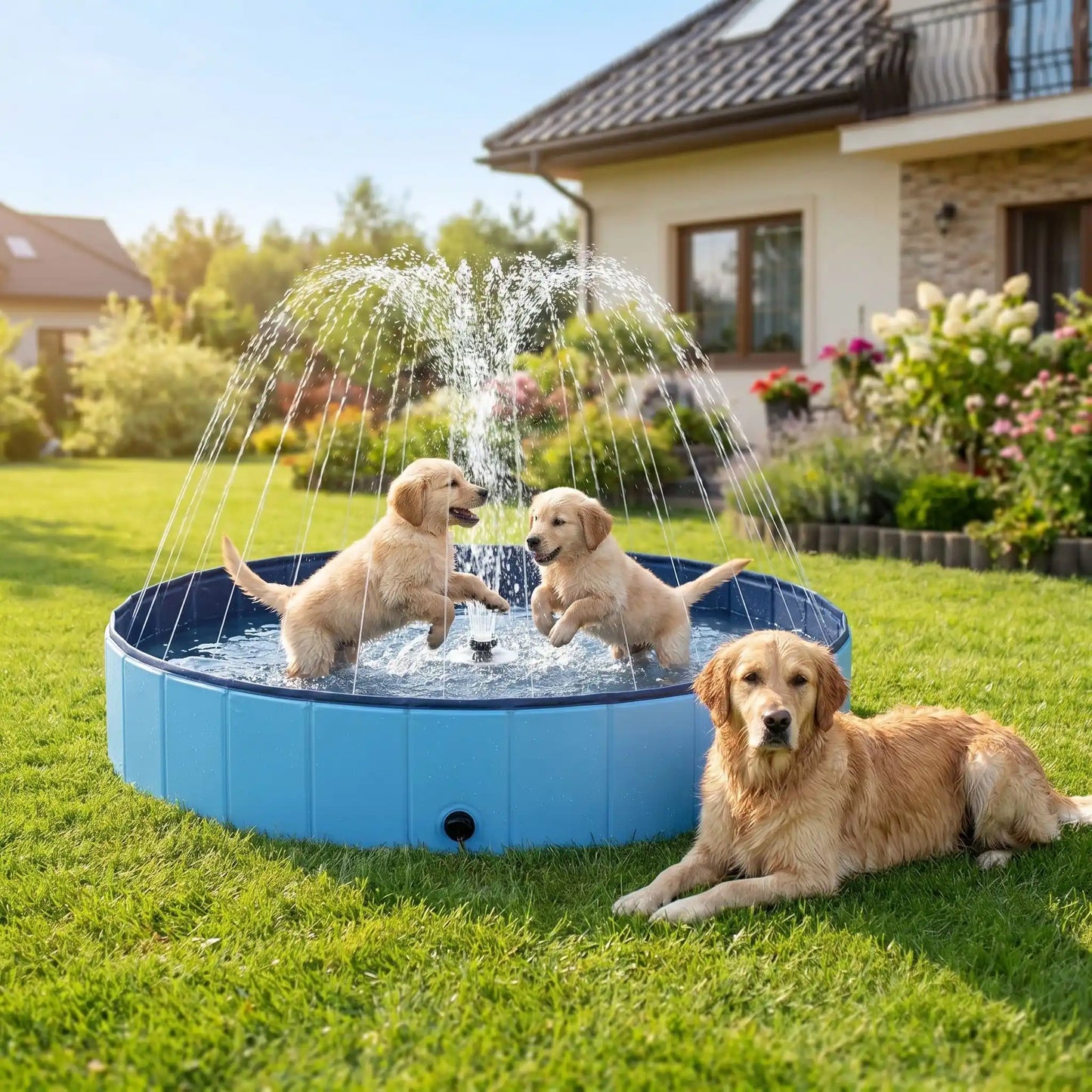 Piscine-pour-chien-xxl-chiot-avec- raccord universel au tuyau d'arrosage pour jets d'eau,rigide-vidange rapide et facile,pliable, transportable en panneaux de fibres rigides et naturels avec PVC ultra-résistant avec couche intérieure renforcée pour chien de grande race, fond antidérapant et résistant aux griffes-deux chiots qui se baignent sous les jets dans la grande piscine pour chien rigide avec leur mère couché et mouillée sur l'herbe à côté dans le jardin du pavillon en été