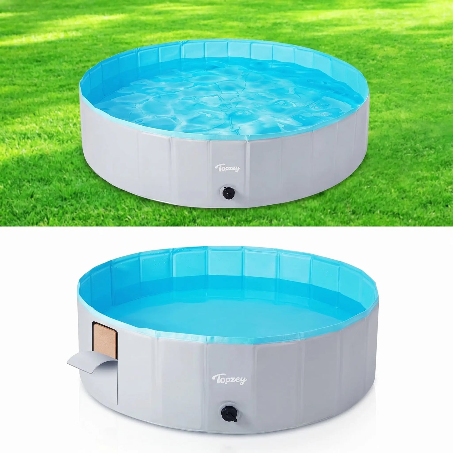 Piscine-pour-chien-xxl-chiot-rigide-bouchon-vidange rapide et facile,pliable et transportable en panneaux de fibres rigides et naturels avec PVC ultra-résistant avec couche intérieure renforcée de diamÚtre 160 cm pour chien de grande race, fond antidérapant et résistant aux griffes-gros plan sur la piscine grise et bleu rigide pour chien remplie d'eau avec une des parois ouverte pour voir les panneaux et l'épaisseur du PVC renforcé en taille xxl pour chiot et chien de grande taille