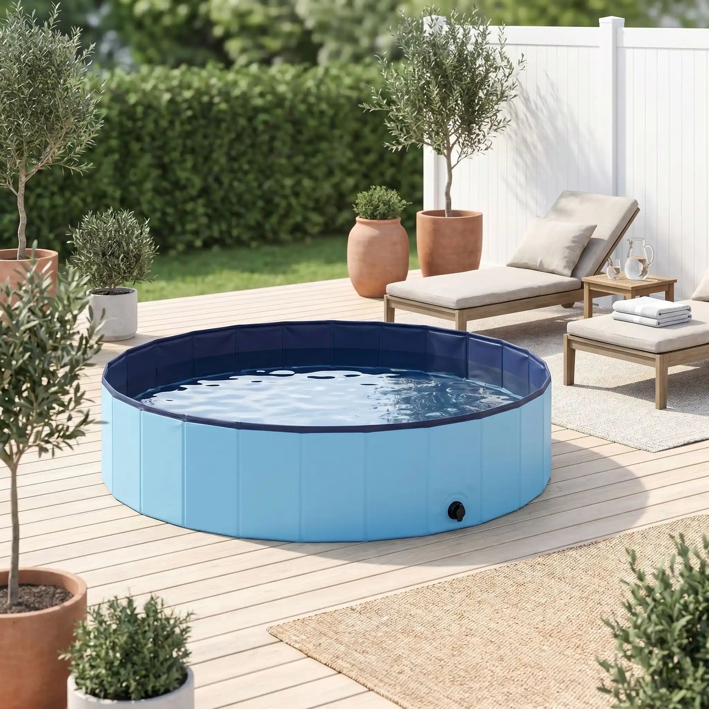 Piscine-pour-chiens-rigide en panneaux MDF robuste anti-affaissement, PVC sans produits toxiques , pliable et lavable de diamÚtre de 100 cm et de 30 cm de hauteur étudié pour une entrée et sortie facile et sécurisé pour les chiens de taille moyenne, avec bouchon de vidange pratique et rapide, polyvalente piscine à balle, bassin, baignoire pour toilettage-gros plan sur la piscine remplie d'eau pour chien de petite à moyenne taille sur la terrasse de la maison en été