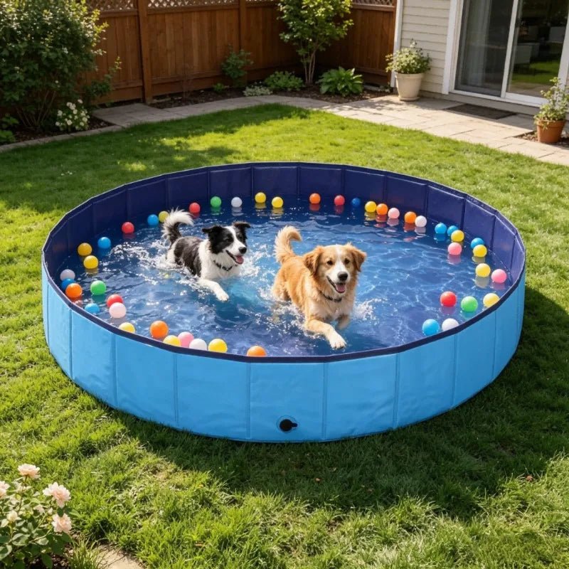 Piscine-pour-grand-chien-rigide-xxl, panneaux MDF robuste anti-affaissement, pliable et lavable de diamÚtre 200 cm et de 30 cm de hauteur étudiée pour une entrée et sortie facile et sécurisé pour le chien avec bouchon de vidange pratique et rapide, polyvalente piscine à balle, bassin, baignoire pour toilettage-deux chien de taille moyenne qui se rafraichissent ensemble, jouent et se baignent avec bonheur pour supporter la chaleur dans sa grande piscine robuste dans le jardin de la maison en été