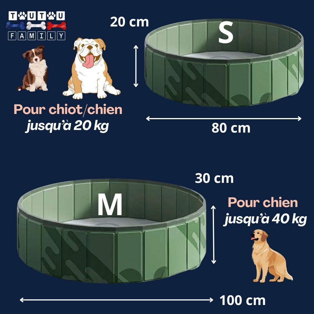Piscine-rigide-pour-chien-pliable-guide-des-tailles-taille-pour chien jusqu'Ă 20 kg de diamĂštre de 80 cm pour chiot et taille M de diamĂštre de 100 cm pour chien jusqu'Ă 40 kg- piscine pour petit et grands-chiens