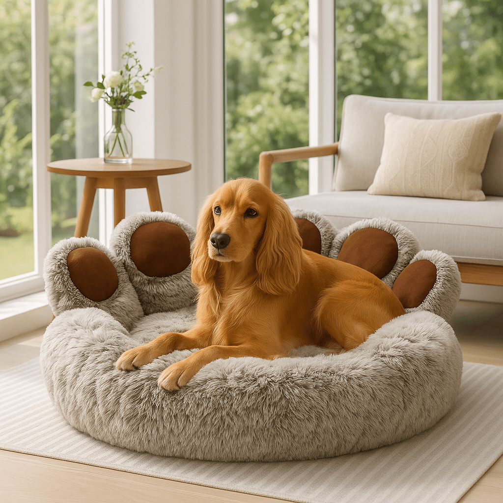 Pouf-pour-chien-apaisant-marron-un Cocker Anglais couché sur son fauteuil rond rembourré 100% coton haute densité, lavable en machine, antidérapant de couleur marron dans le salon de l'appartement
