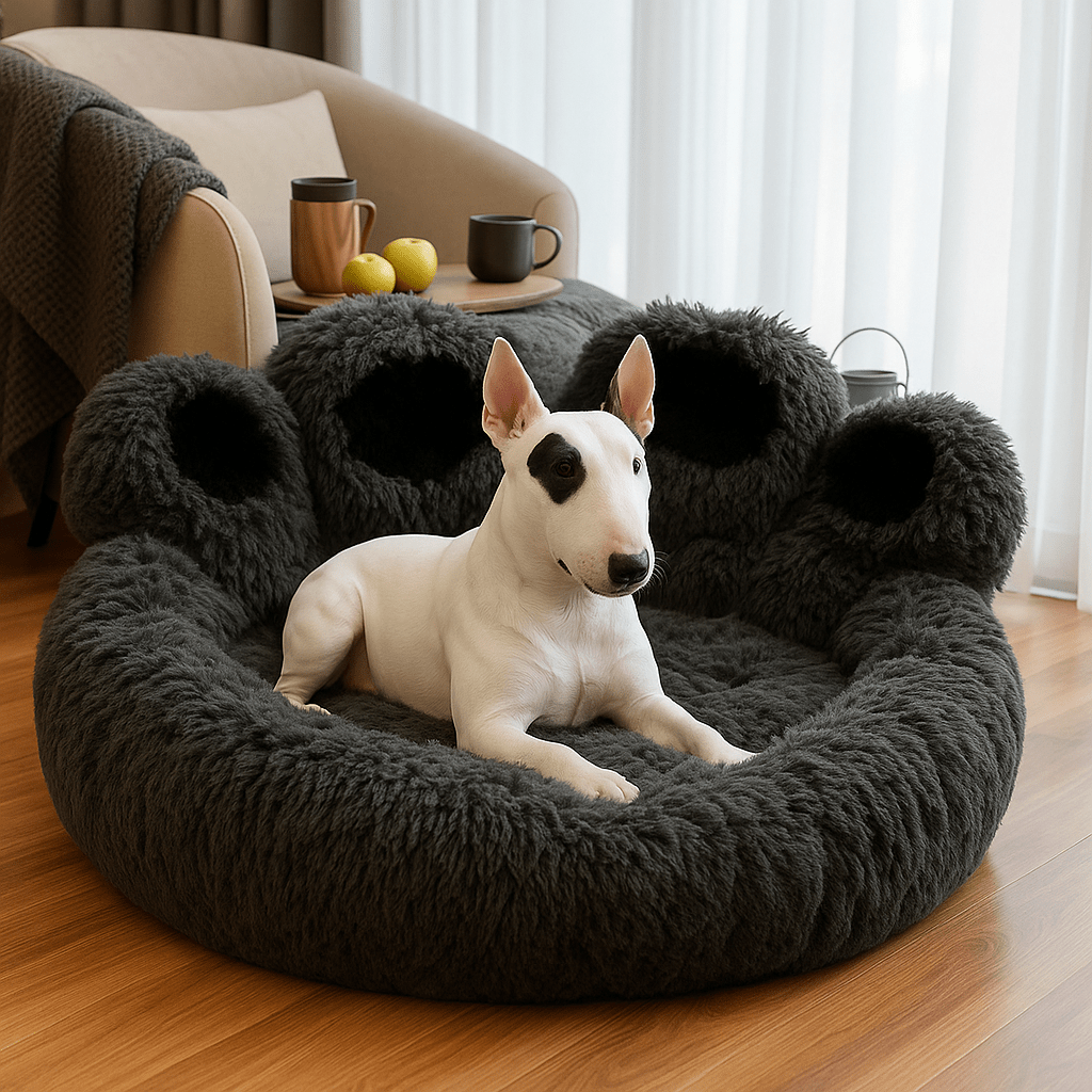 Pouf-pour-chien-apaisant-noir-un chien moyen couché au chaud dans son lit apaisant et anti-anxiété pour chien de petite à moyenne taille antidérapant et lavable en machine dans le salon design de l'appartement
