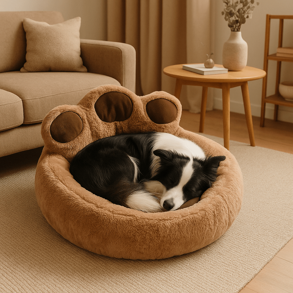 Pouf-pour-chien-avec-rebord-déhoussable-rond et lavable en machine-un Border collie qui dort en boule dans le pouf doux, chaud et respirant 100% coton et peluche en forme de pattes dans le salon de l'appartement