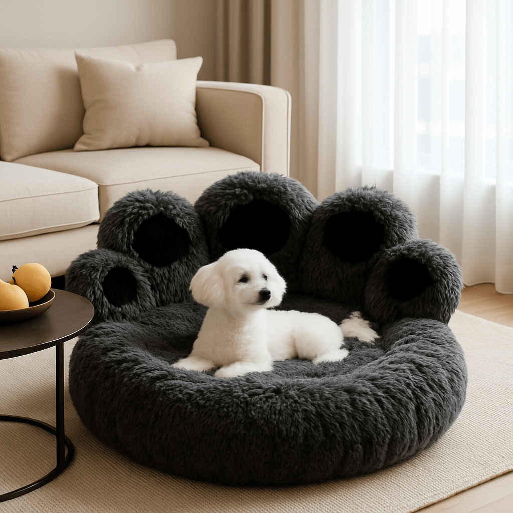 Pouf-pour-chien-chiot-apaisant-un petit chien blanc couché confortablement dans son fauteuil 100% coton haute densité ergonomique en peluche douce, lavable en machine et antidérapant