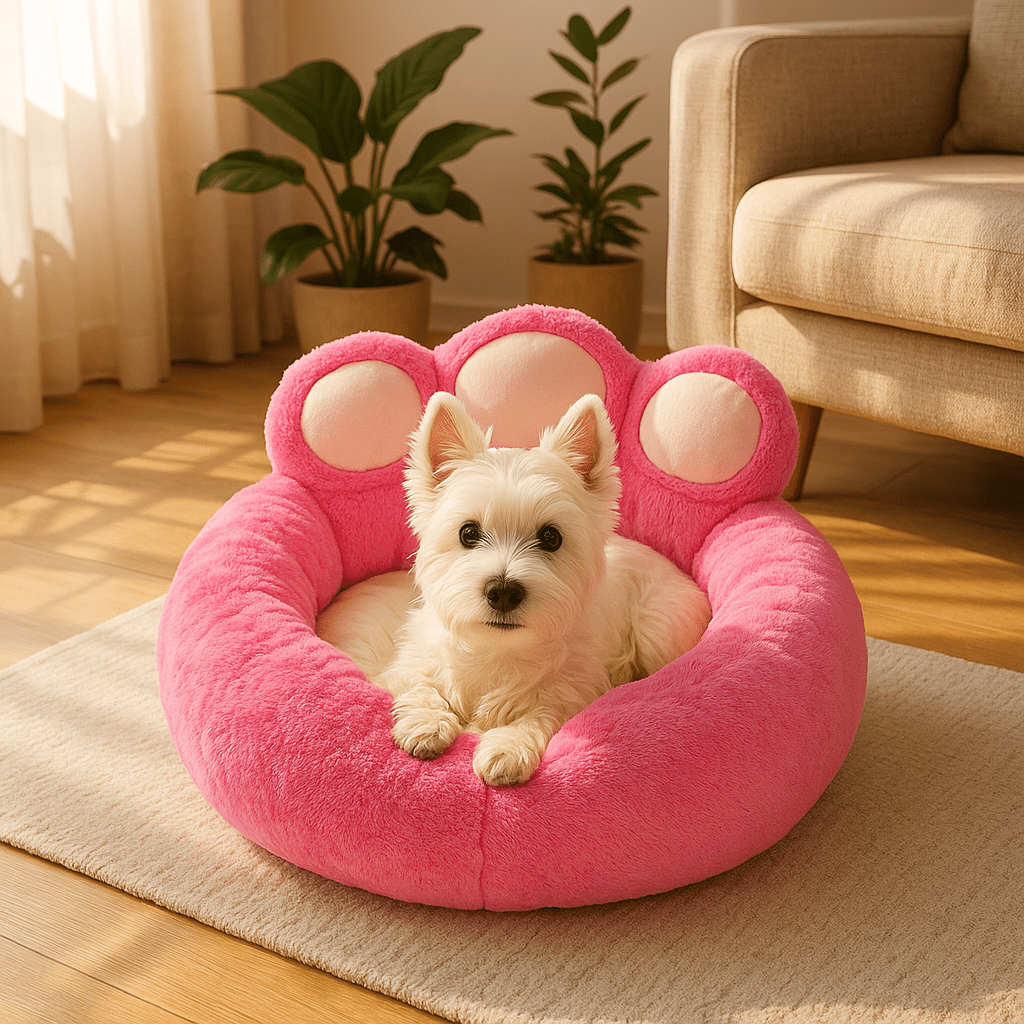 Pouf-pour-chien-chiot-antidérapant, déhoussable, lavable en machine pour petit à moyen chien-un Westie couché confortablement sur son coussin avec dossier entourant avec rebord de forme ronde et de pattes d'ours de couleur rose dans le salon de la maison