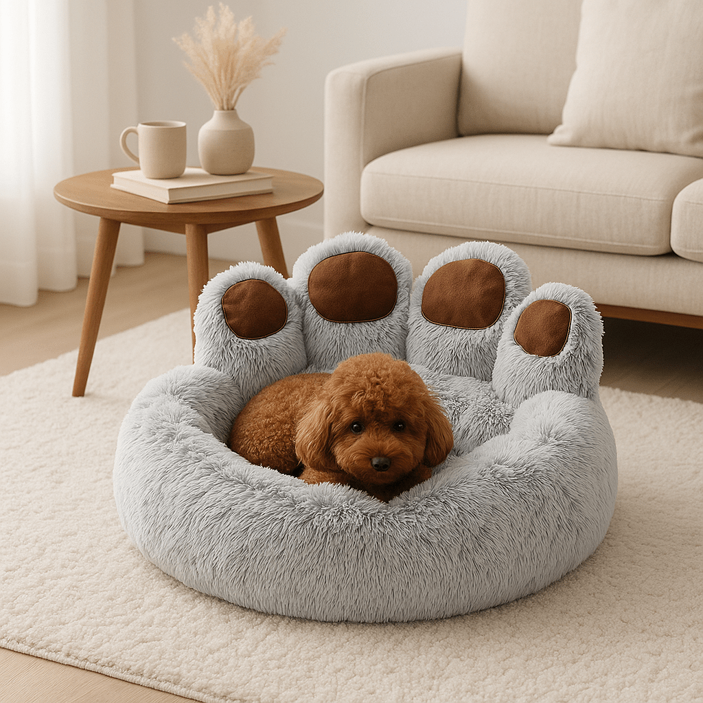 Pouf-pour-chien-coussin-lavable-un petit chien couché dans son sofa rond avec dossier en forme de patte d'animal en peluche et rembourrage 100% coton haute densité antidérapant lavable en machine