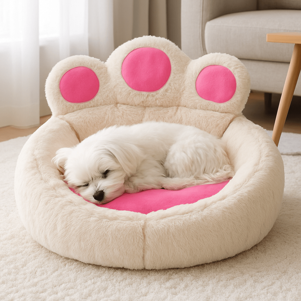 Pouf-pour-chien-coussin blanc et rose ultra doux pour petit chien et chien moyen-un bichon maltais qui dort en boule niché au chaud dans son sofa déhoussable et lavable en machine et antidérapant dans le salon douillet de la maison