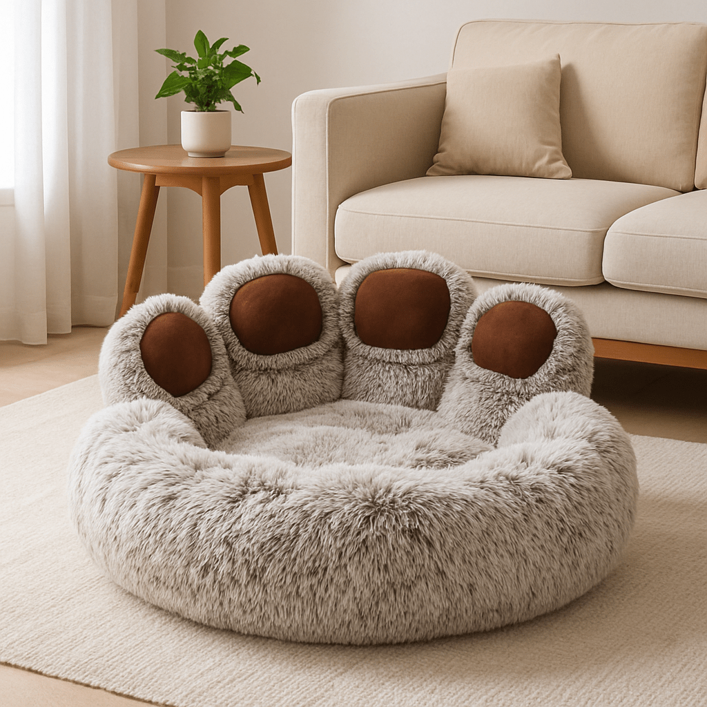 Pouf-pour-chien-design-patte-gris clair en forme de patte avec dossier et rebord entourant apaisant en peluche et rembourrage 100% coton haute densité pour chien de petite à moyenne taille-S-M-L et XL