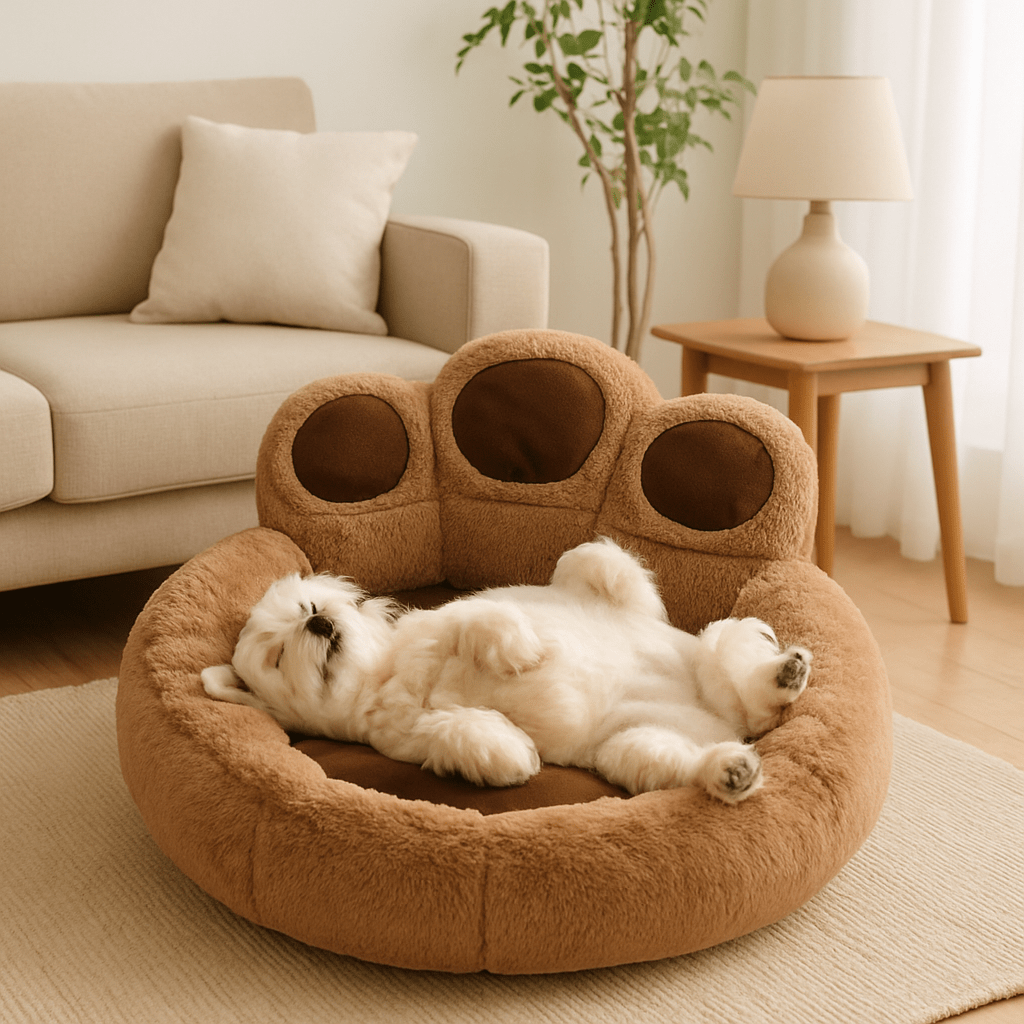 Pouf-pour-chien-divan-un petit chien couché sur le dos, les pattes en l'ai qui dort paisiblement dans son sofa doux, épais, rembourré 100% coton et housse en peluche amovible et lavable en machine, antidérapant et imperméable pour chien de petite à moyenne taille