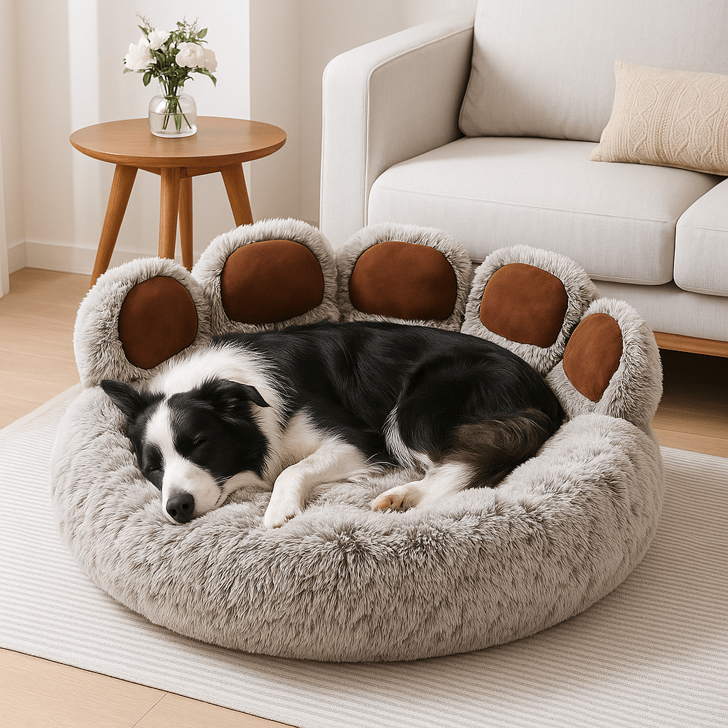 Pouf-pour-chien-douillet-un chien de taille moyenne couché en boule dans son fauteuil épais en peluche et rembourrage 100% coton haute densité antidérapant et imperméable dans le salon de l'appartement