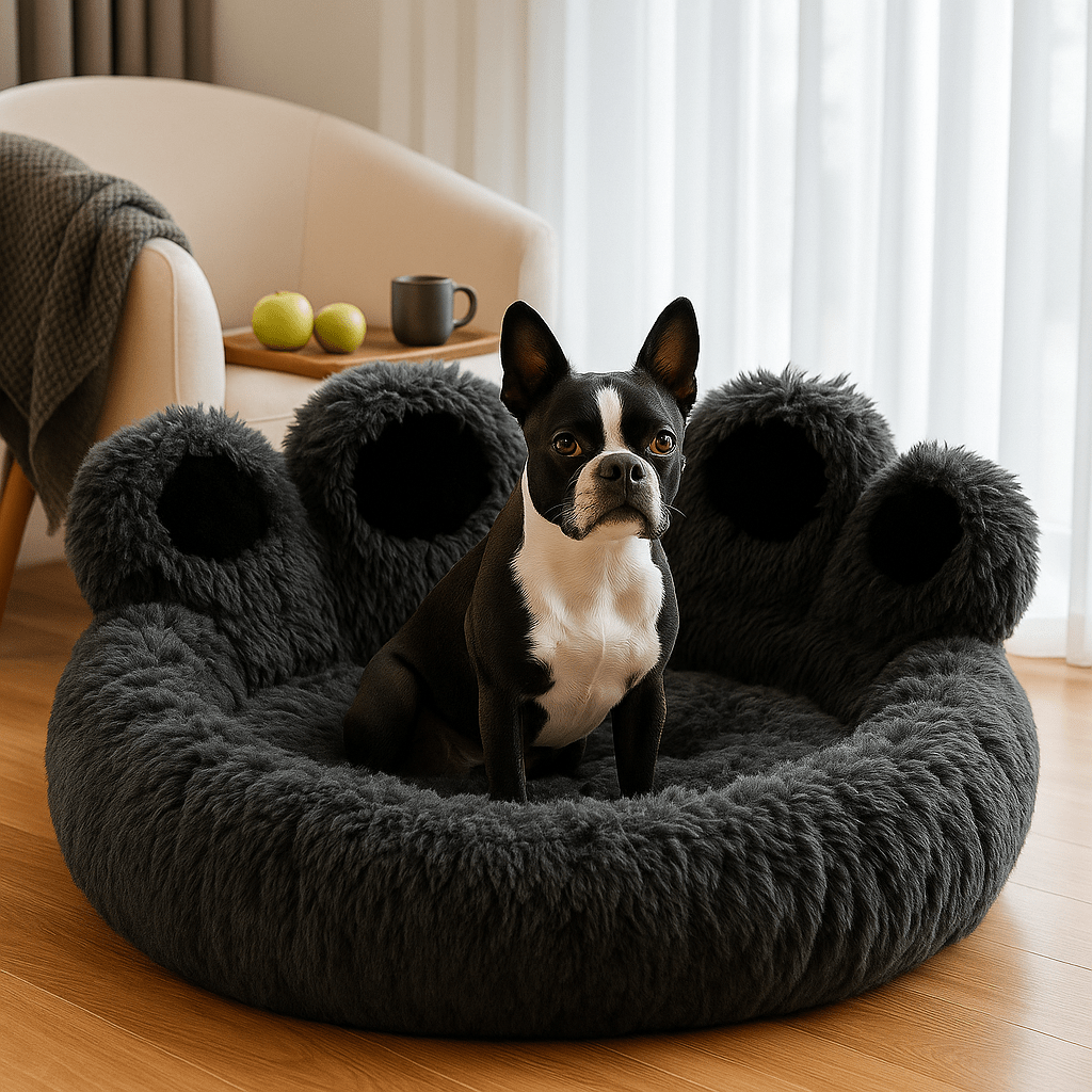 Pouf-pour-chien-fauteuil-noir-un petit chien assis dans son coussin en forme de fauteuil en peluche au rembourrage 100% haute densité pour chien de petite à moyenne taille en forme de patte d'animal dans le salon de la maison