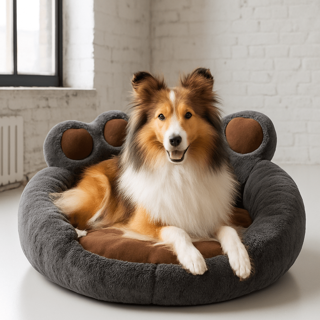 Pouf-pour-chien-fauteuil-un shetland sheepdog couché sur le coussin rond avec dossier au rembourrage 100% coton haute densité, chaud et douillet, hypoallergénique, écologique, au matériau naturel, déhoussable et lavable en machine avec son fond imperméable et antidérapant dans le salon de la maison