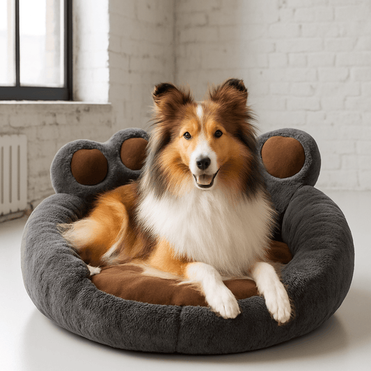 Pouf-pour-chien-fauteuil-un shetland sheepdog couché sur le coussin rond avec dossier au rembourrage 100% coton haute densité, chaud et douillet, hypoallergénique, écologique, au matériau naturel, déhoussable et lavable en machine avec son fond imperméable et antidérapant dans le salon de la maison