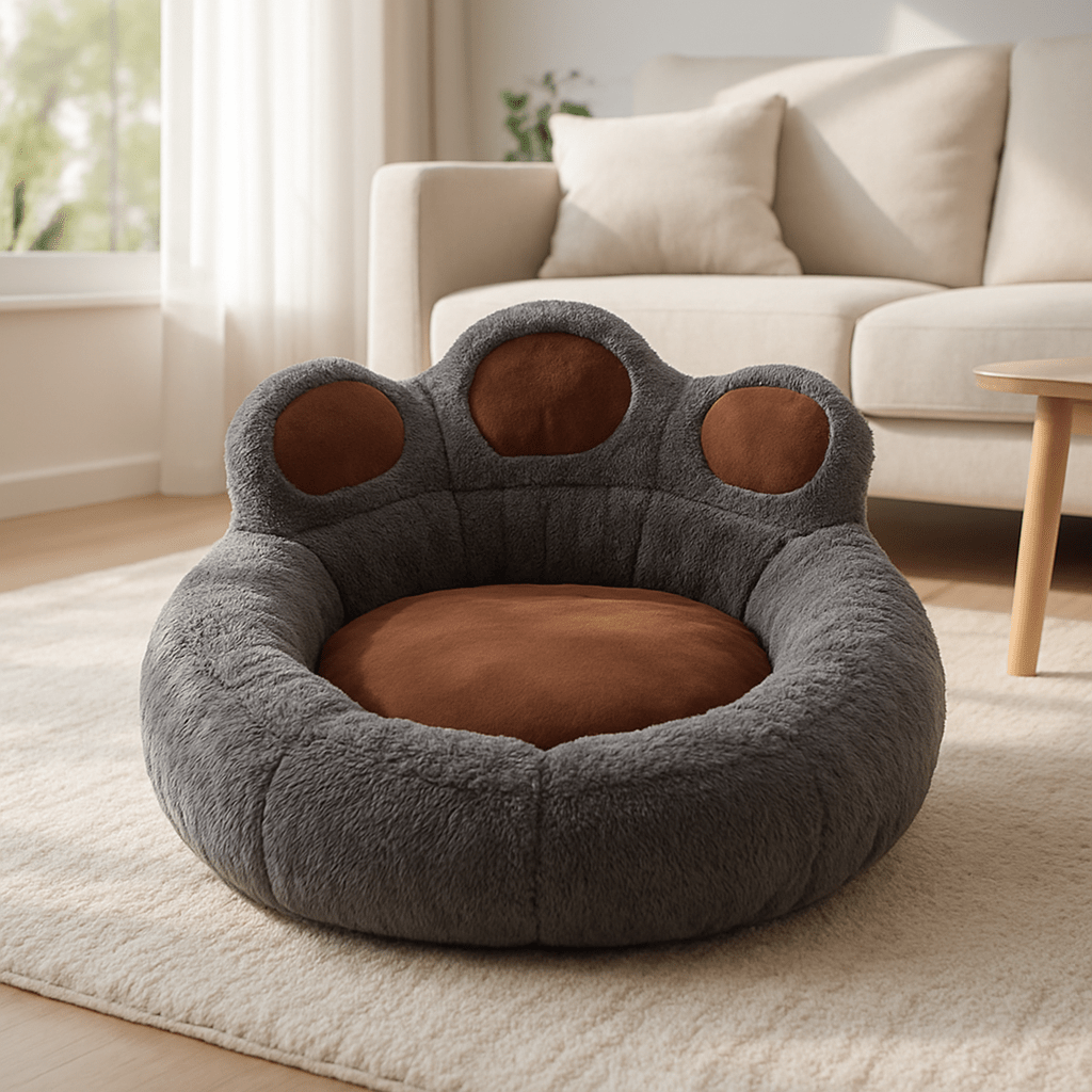 Pouf-pour-chien-gris et marron design pattes d'ours pour chien de petite à moyenne taille-déhoussable, antidérapant et lavable en machine